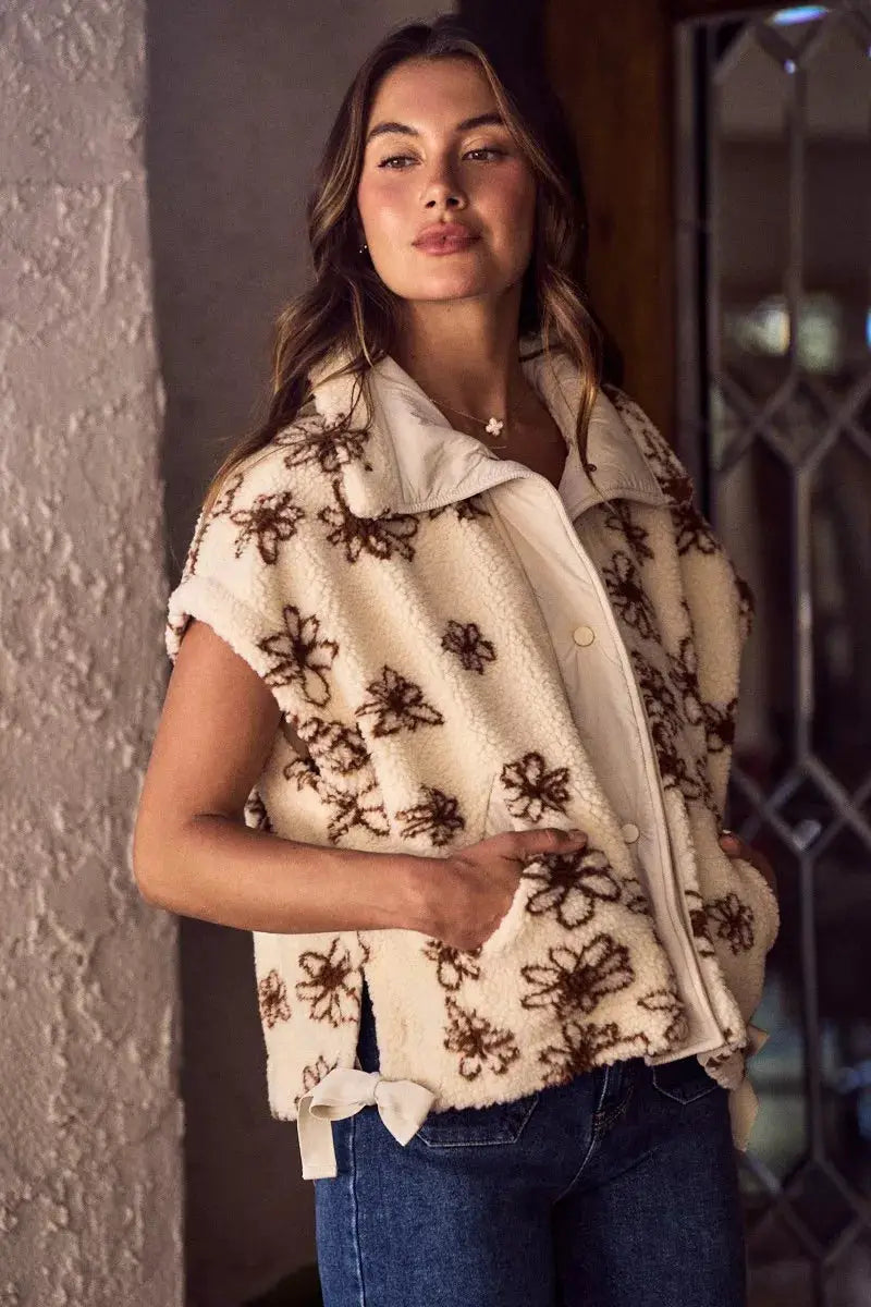 SO ME Flower Sherpa Fur Oversized Sleeveless Vest Jacket by Trendsi