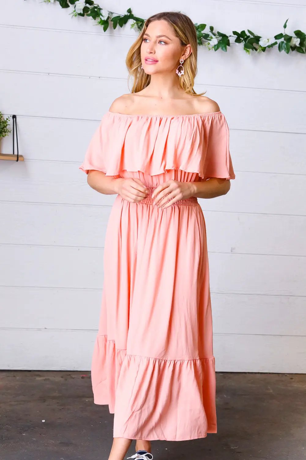 Coral off Shoulder Smocked Waist Ruffle Sleeve Midi Dress by Haptics