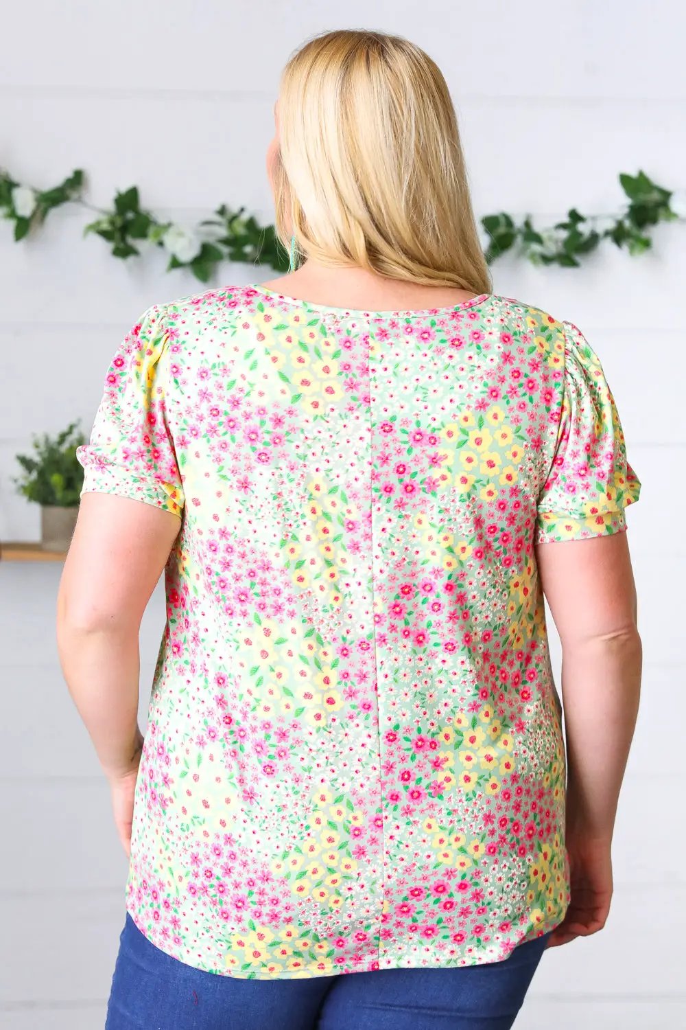Canary/Mint Floral Square Neck Bubble Sleeve Top by Haptics