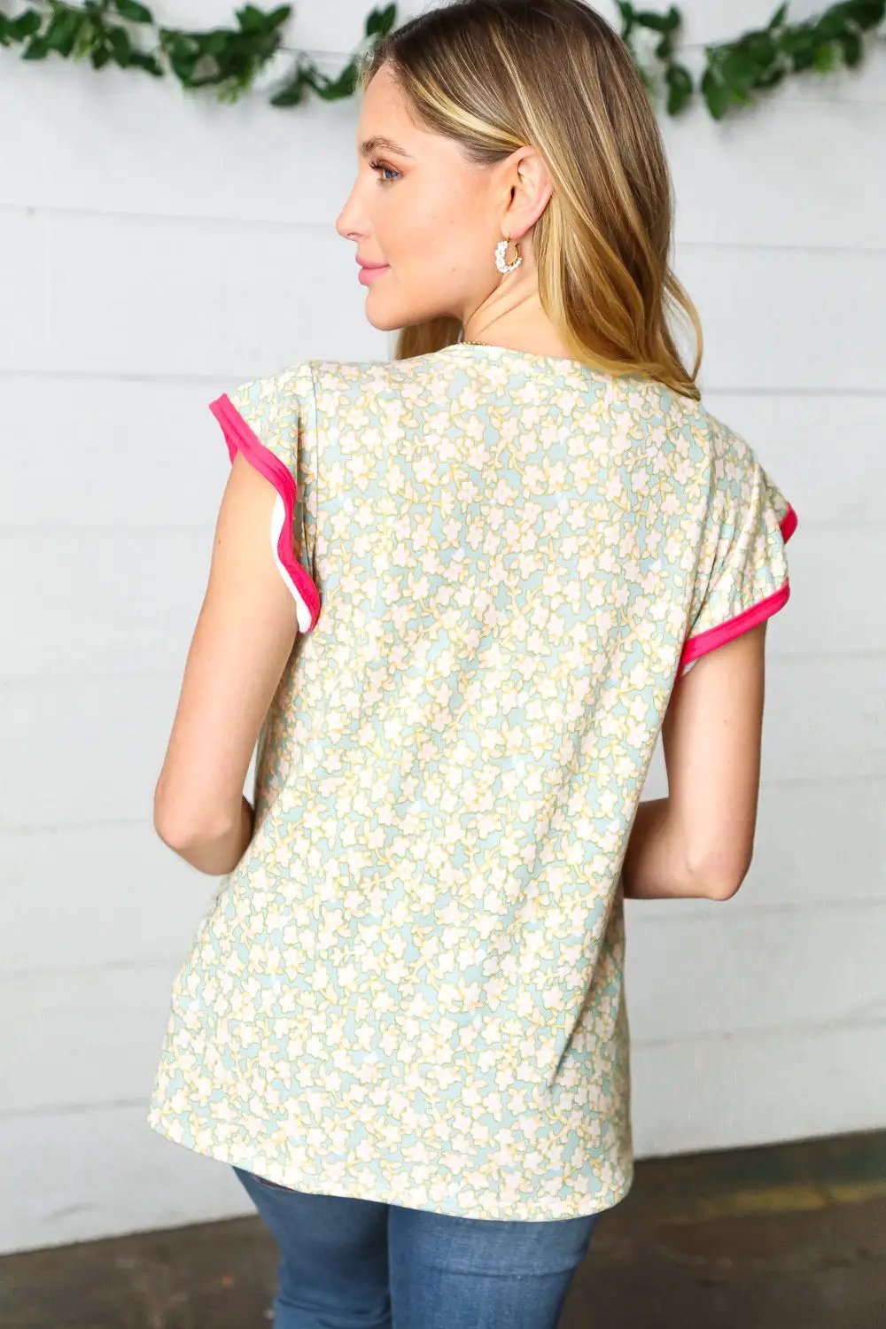 Mint Floral French Terry Ruffle Sleeve Top by Haptics