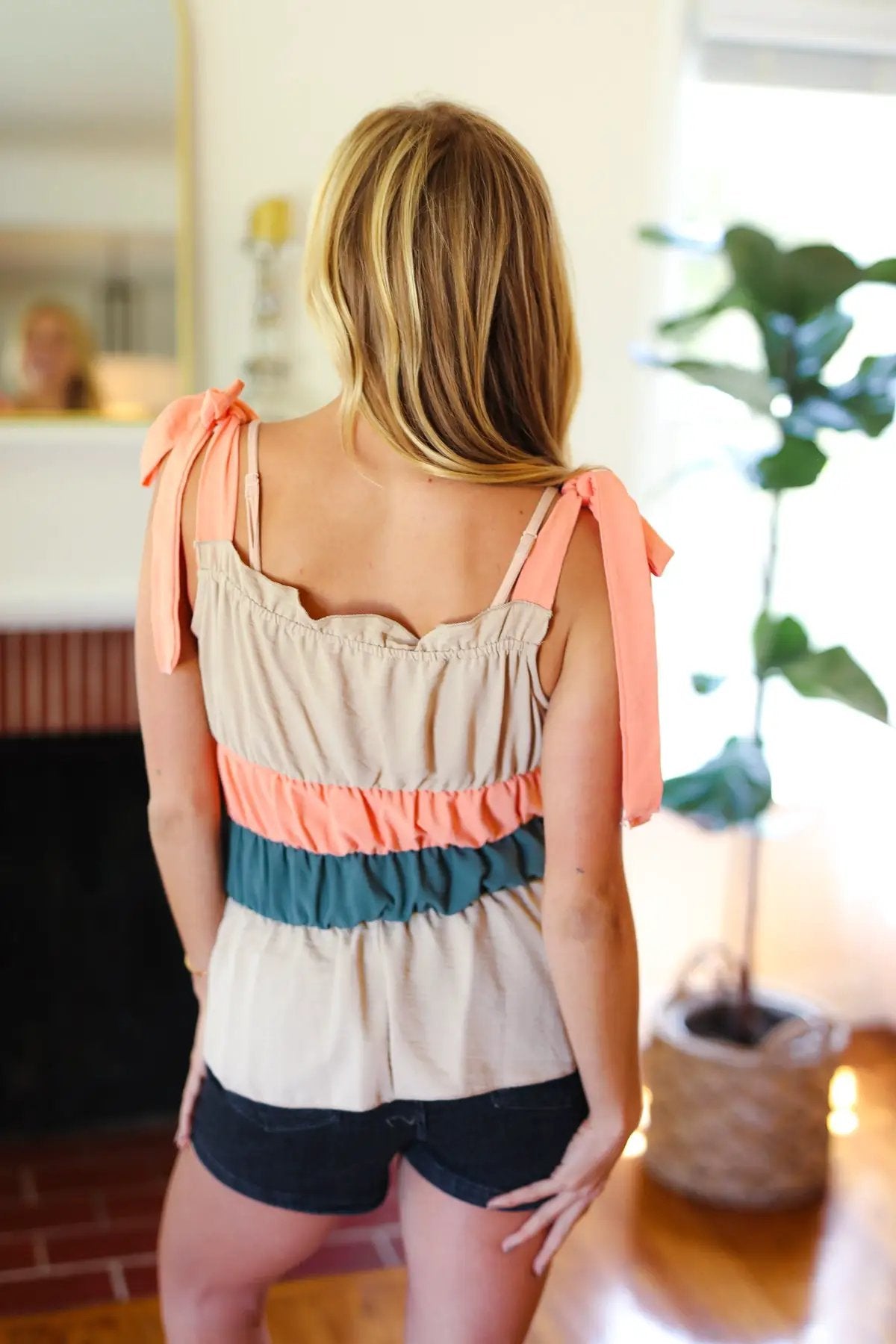 Peach Tie Knot Shoulder Detail Color Block Top by Sugarfox
