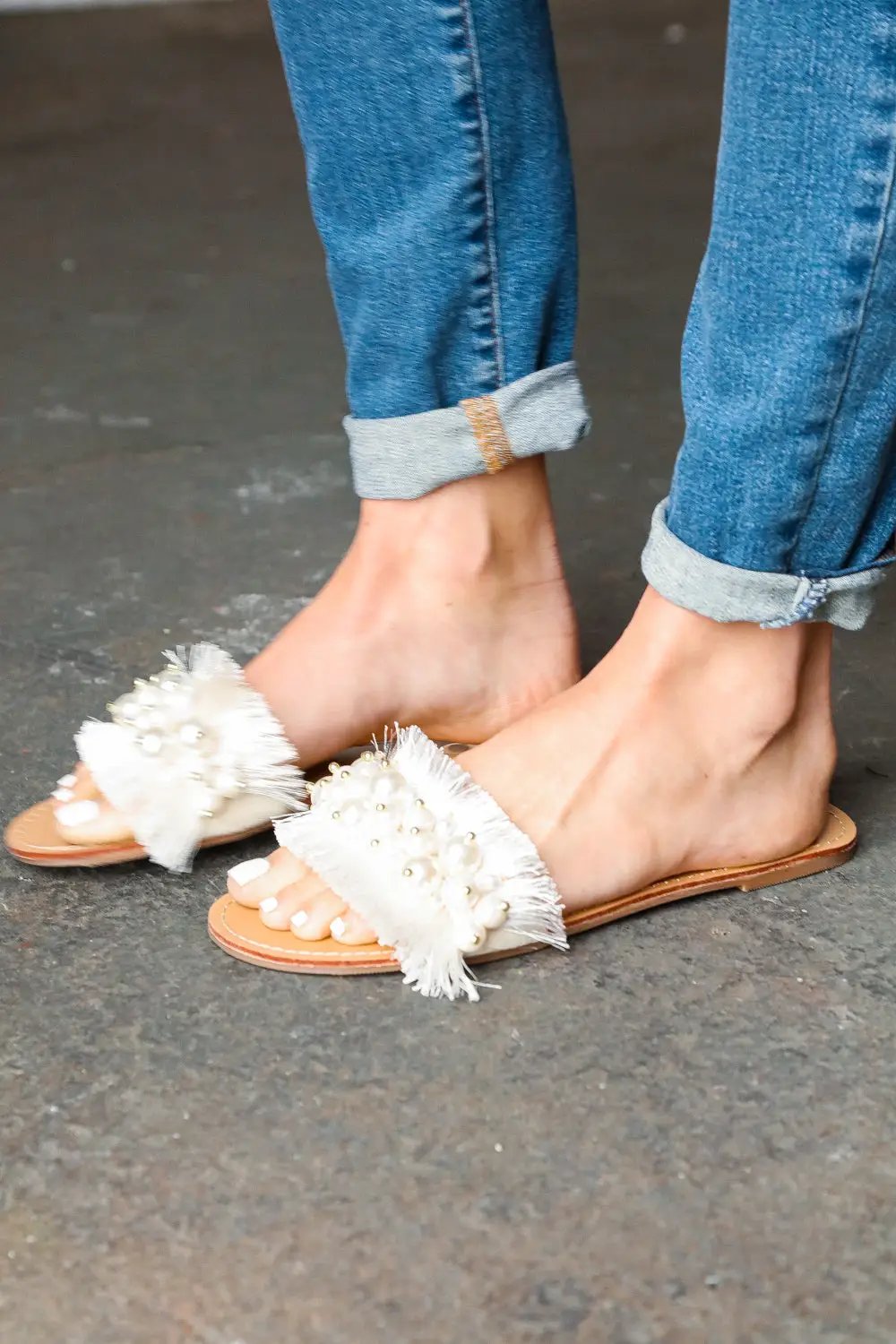 Ivory Linen Fray Beaded Faux Pearl Slide Sandal by CCOCCI