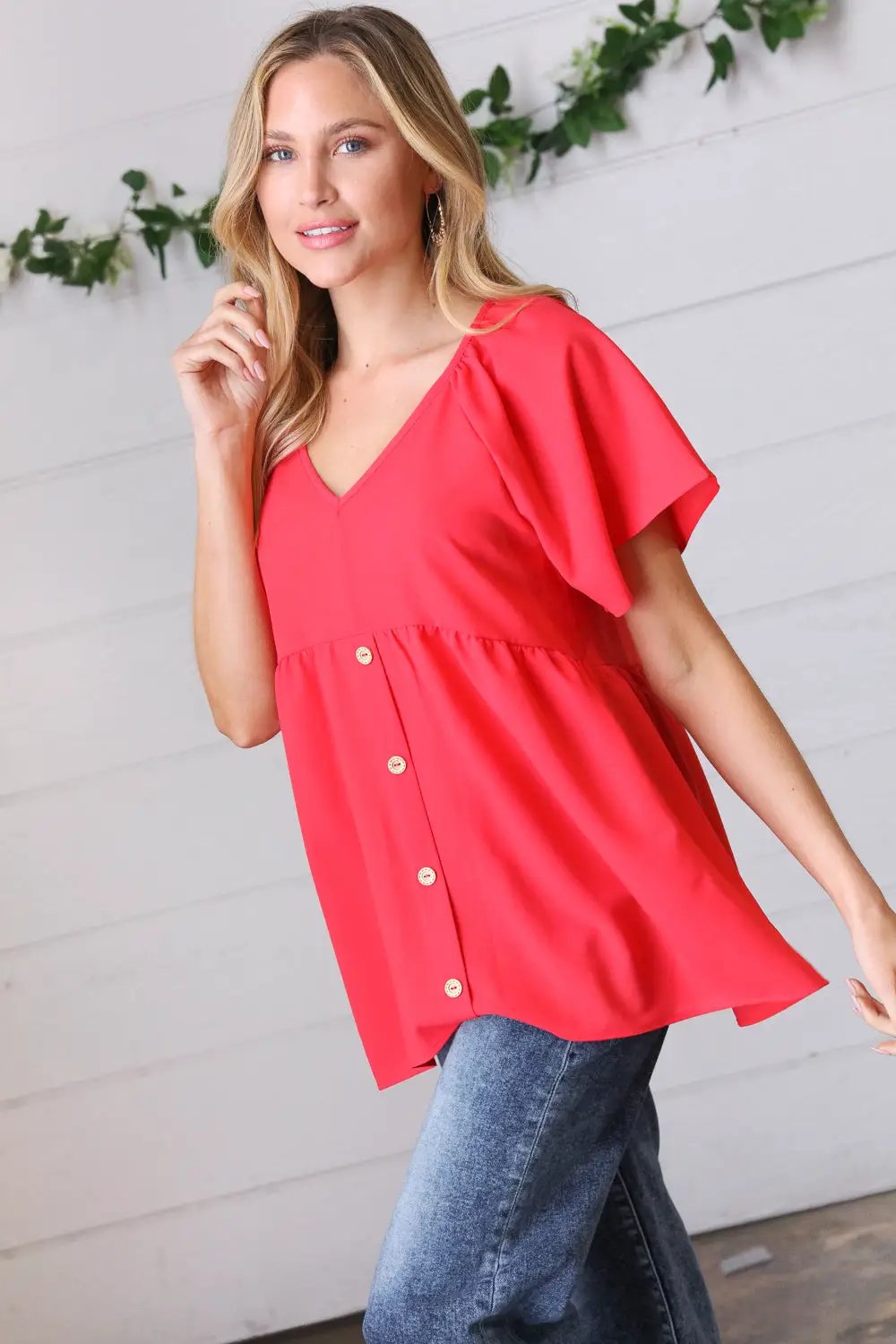 Cherry Red Babydoll Button Down Raglan Woven Top by Haptics