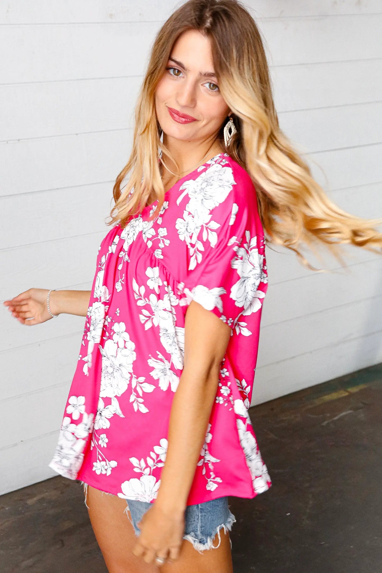 Fuchsia Floral V Neck Dolman Top by Haptics