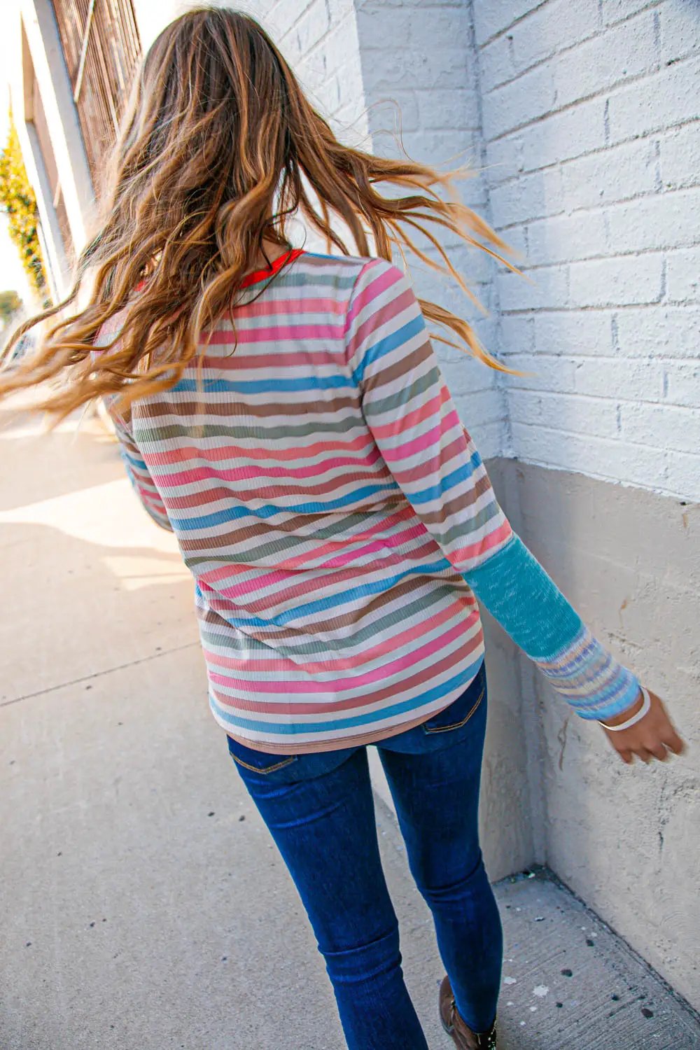 Coral Taupe Multistrip Rib Out Seam Detail Top by Sugarfox