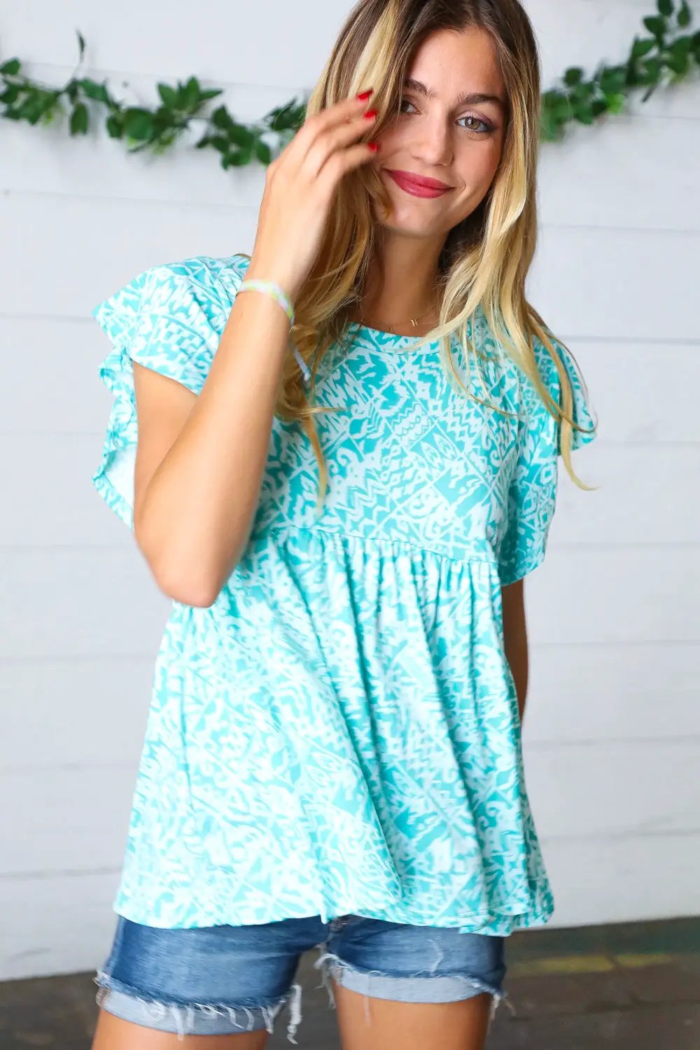 Aqua Boho Print Ruffle Short Sleeve Babydoll Top by Haptics
