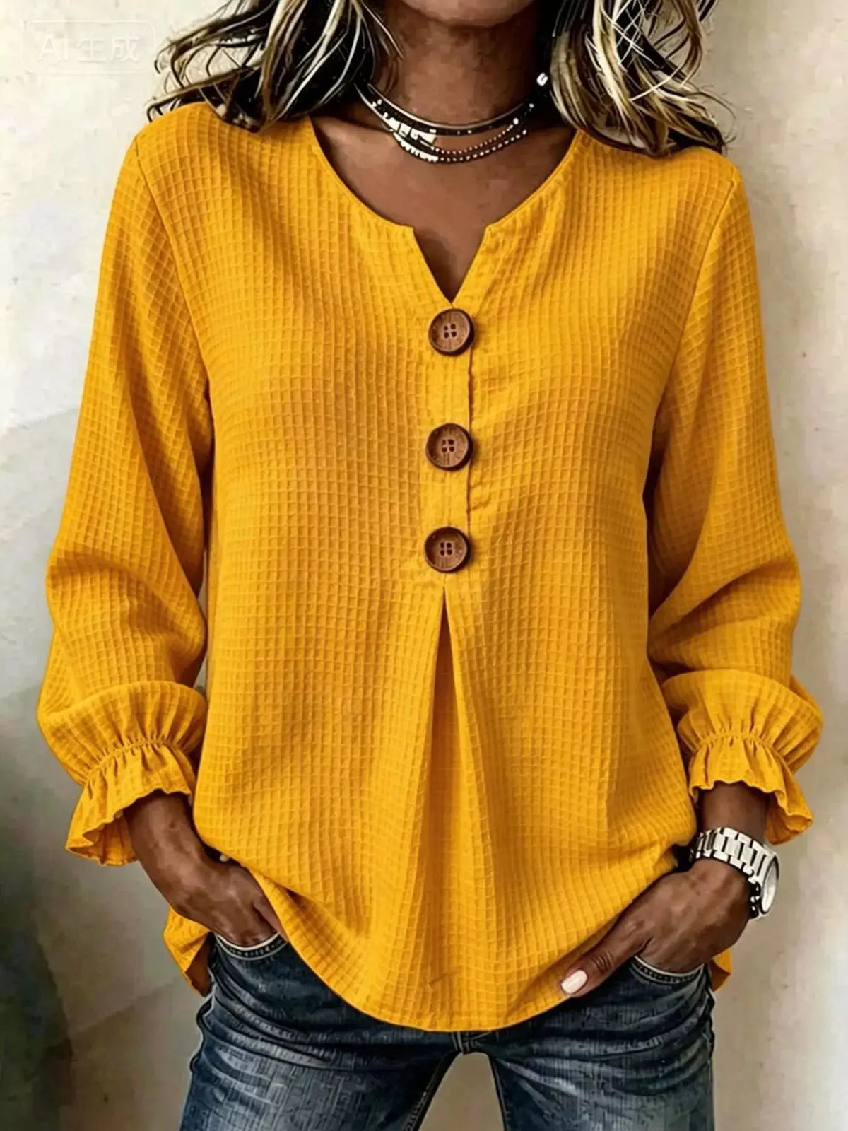 Waffle Knit Flounce Sleeve Top by Trendsi