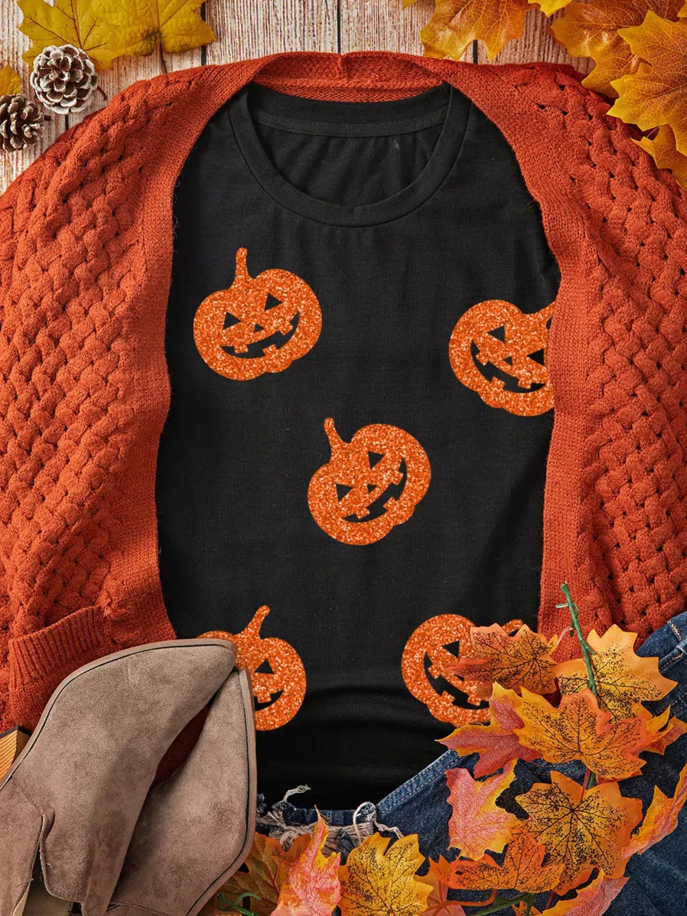 Glittering Pumpkin Face Crewneck Halloween T Shirt by Trendsi