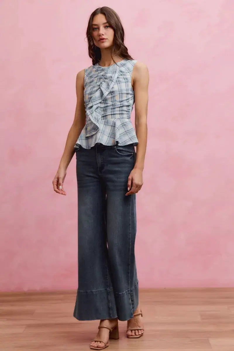 SO ME Plaid Sleeveless Ruffle Peplum Top by Trendsi