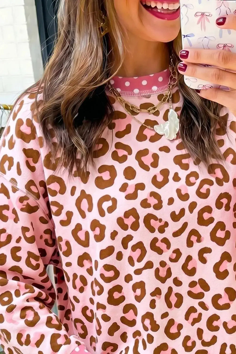 Polka Dot Contrast Trim Leopard Round Neck Sweatshirt by Trendsi