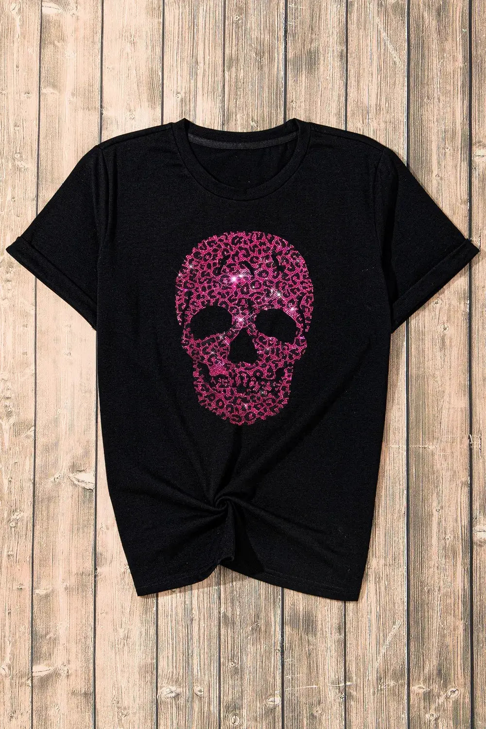 Rhinestone Skull Graphic Crew Neck T Shirt by Trendsi