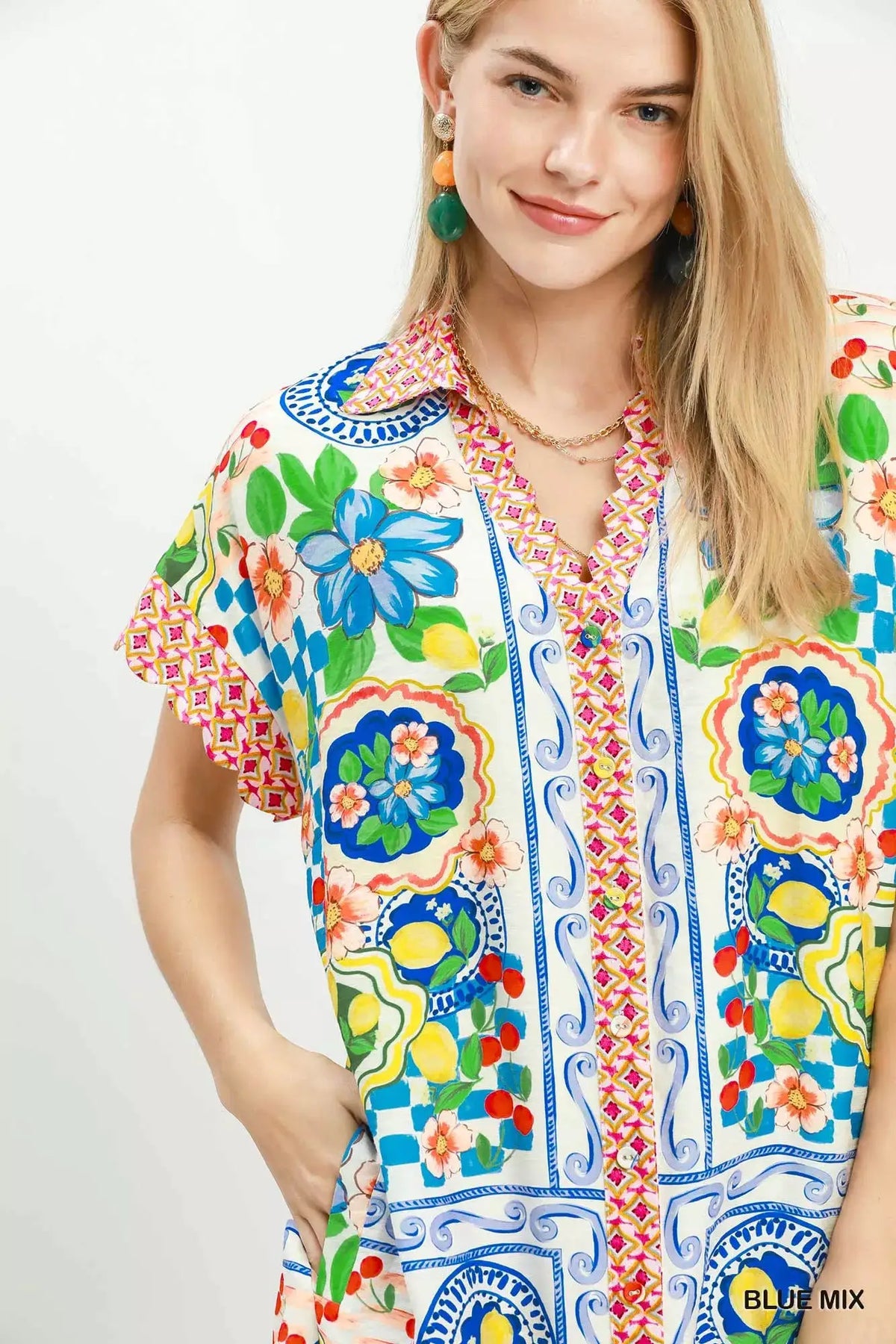 Umgee Mediterranean Print Dress with Contrast Printed Trim by Trendsi