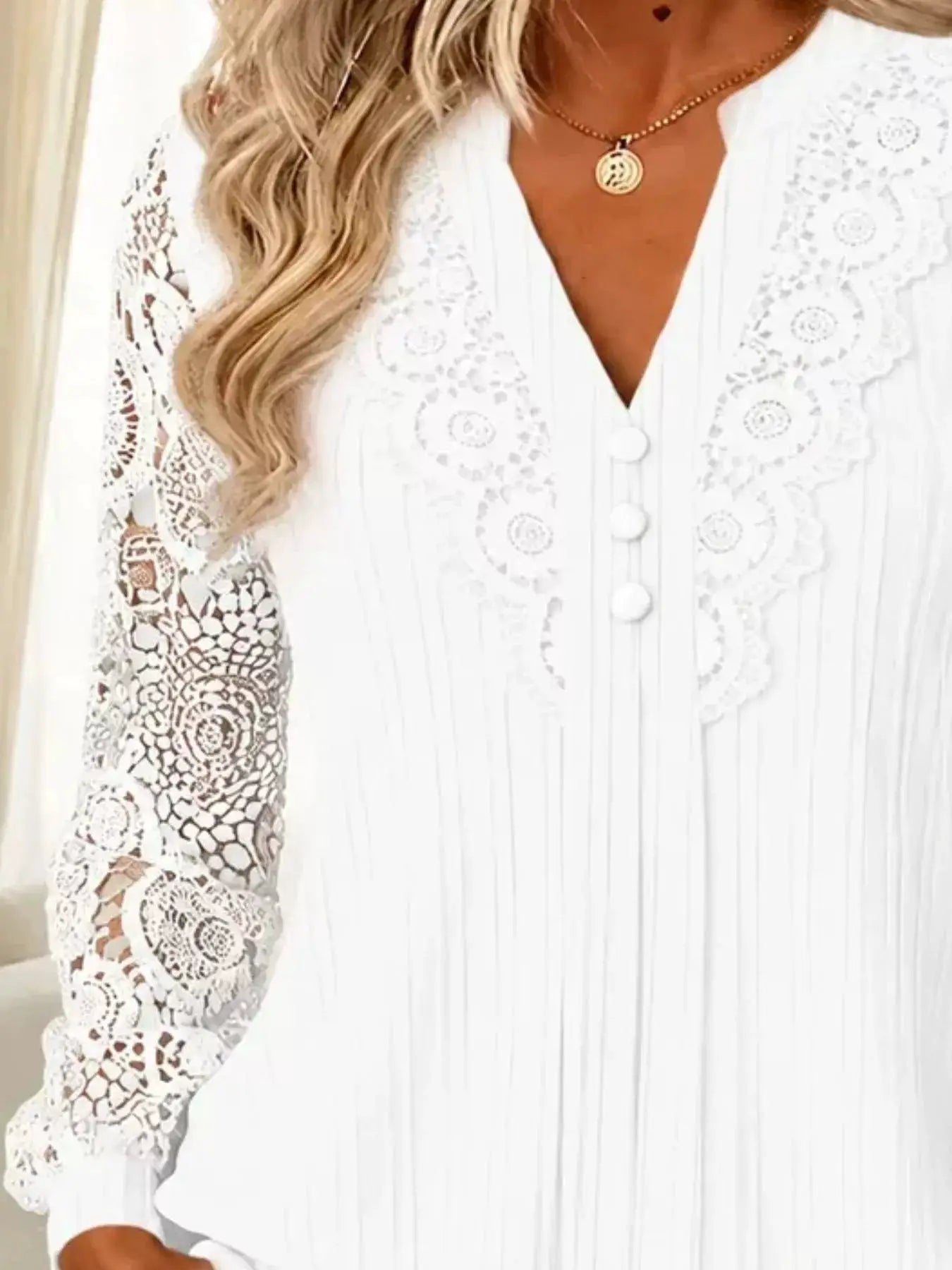 Lace Long Sleeve Notched Blouse by Trendsi