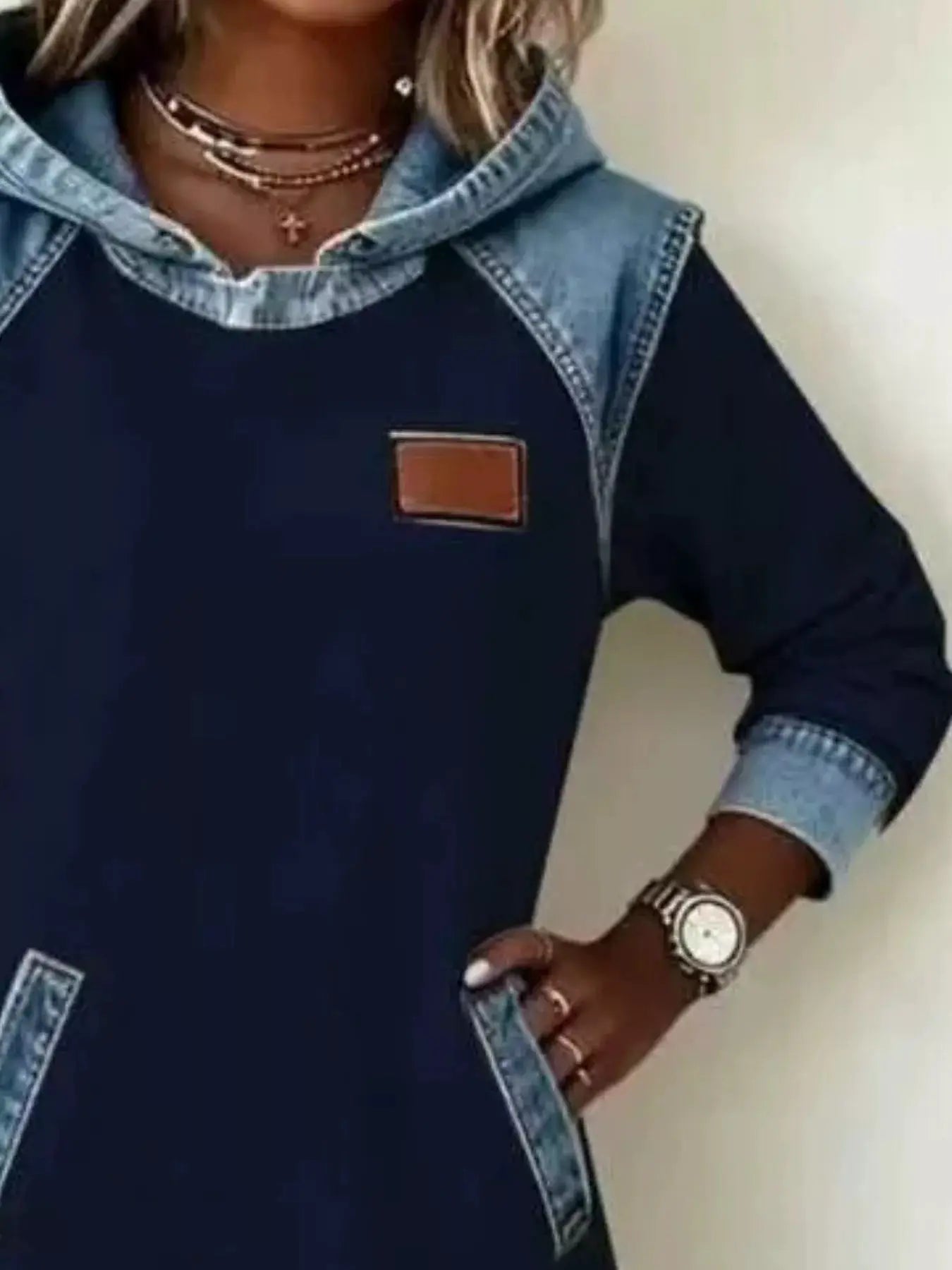 Full Size Denim Patchwork Hooded Sweatshirt Dress Plus Size by Trendsi