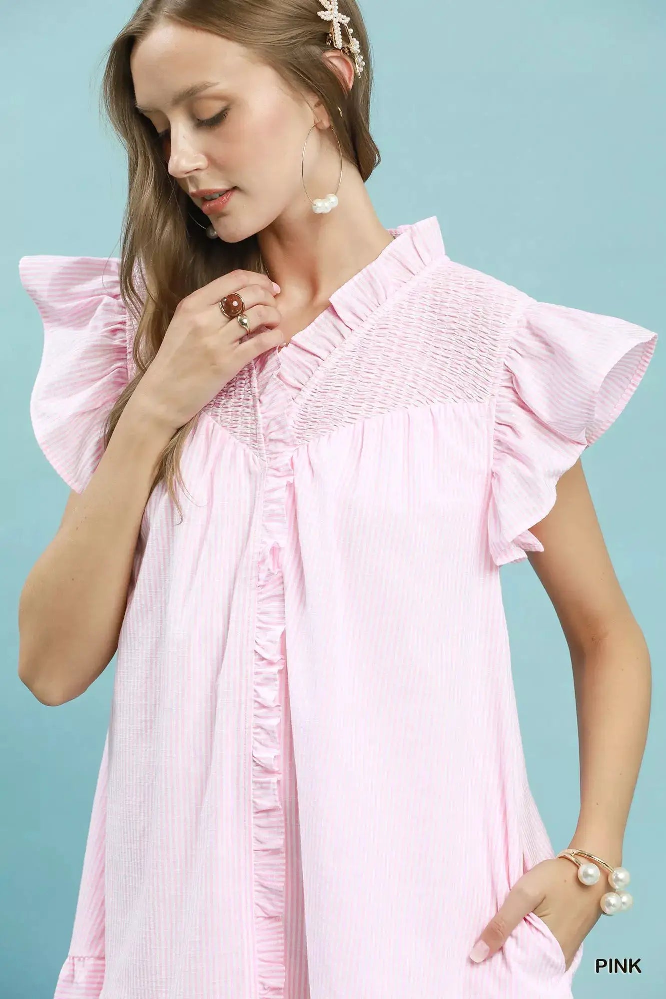 Umgee Stripe Smocked Yoke Ruffle Dress by Trendsi