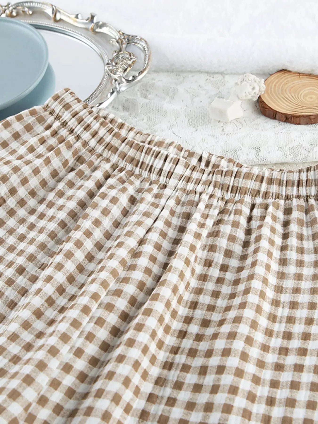 Gingham Ruffle-Trim Top and Pants Lounge Set by Trendsi