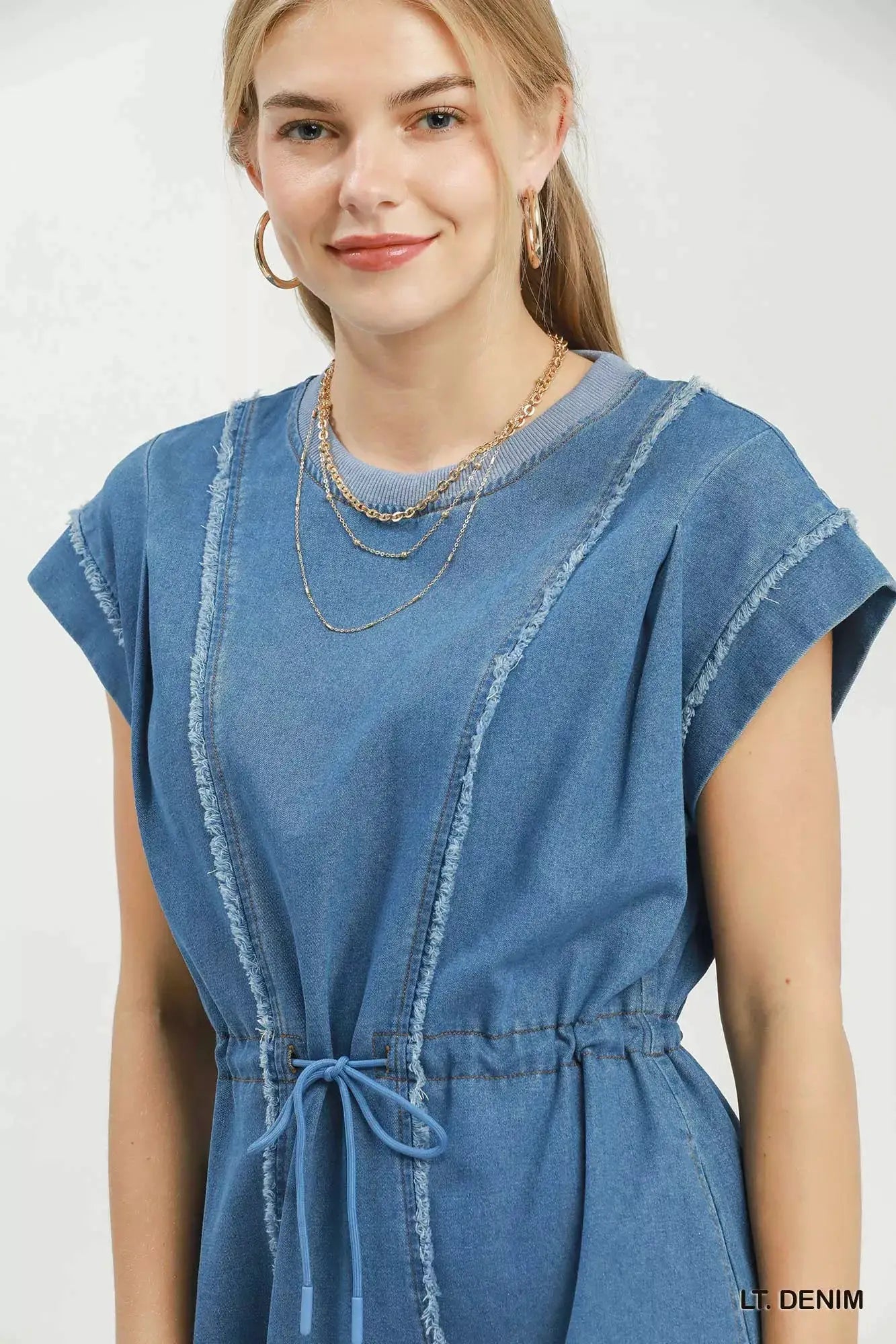 Umgee Drawstring Waist Frayed Denim Mini Dress by Trendsi