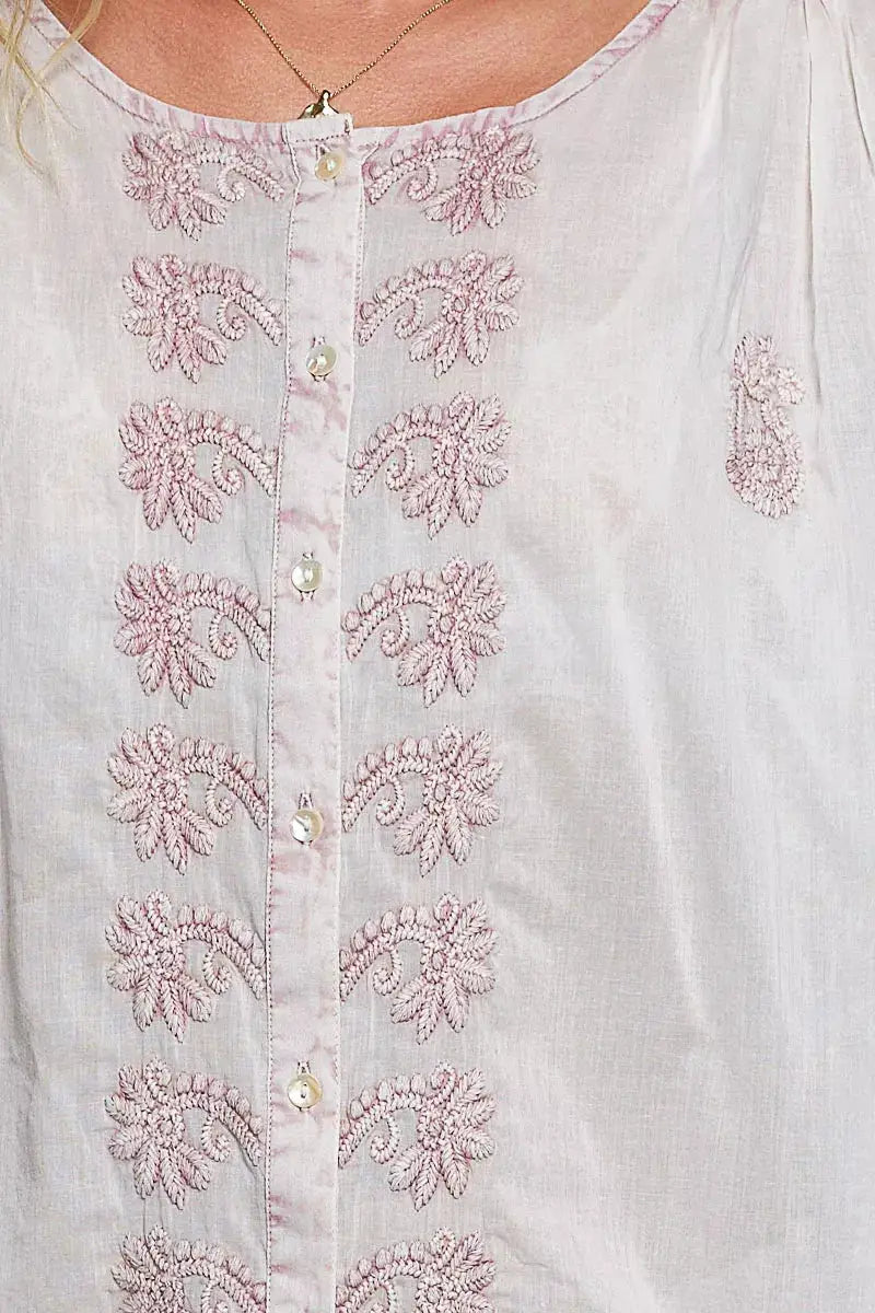 POL Embroidered Gathered Shoulder Long Sleeve Shirt by Trendsi