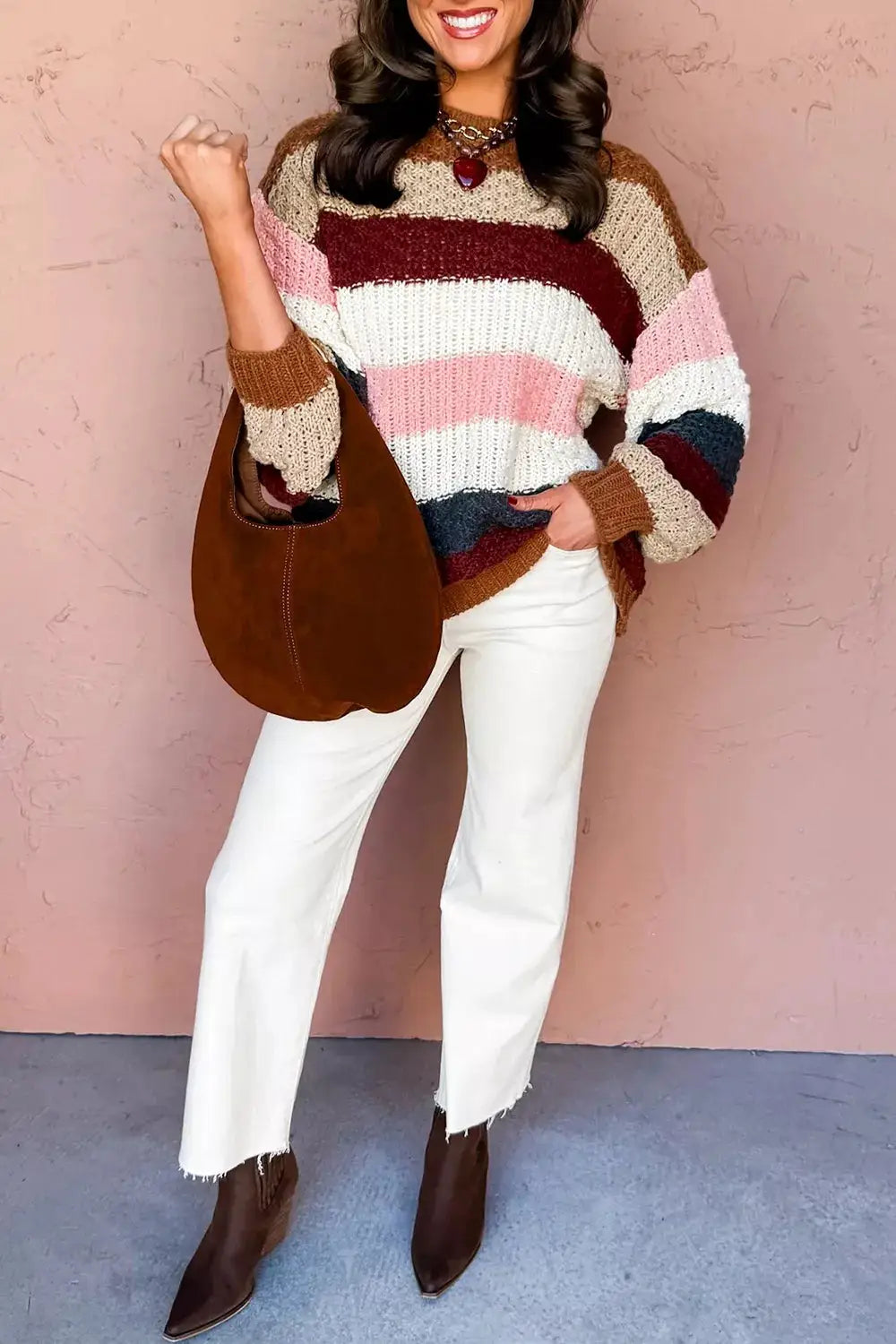 Striped Knit Dropped Shoulder Round Neck Sweater by Trendsi