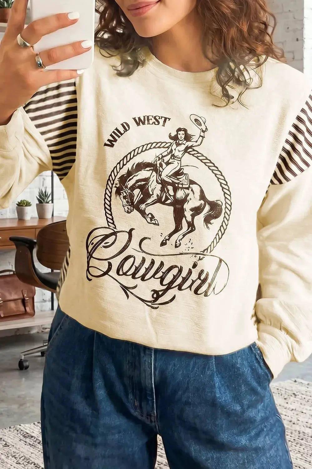 Western Graphic Striped Detail Long Sleeve Casual Top by Trendsi