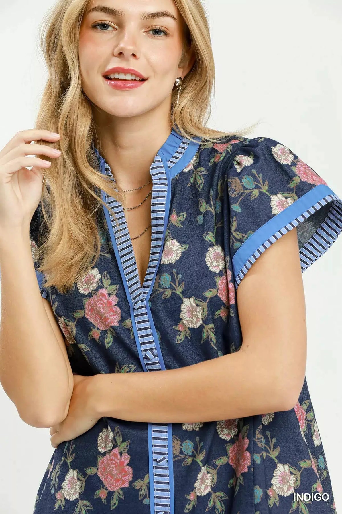 Umgee Floral Contrast Trim Ruffle Hem Mini Dress by Trendsi