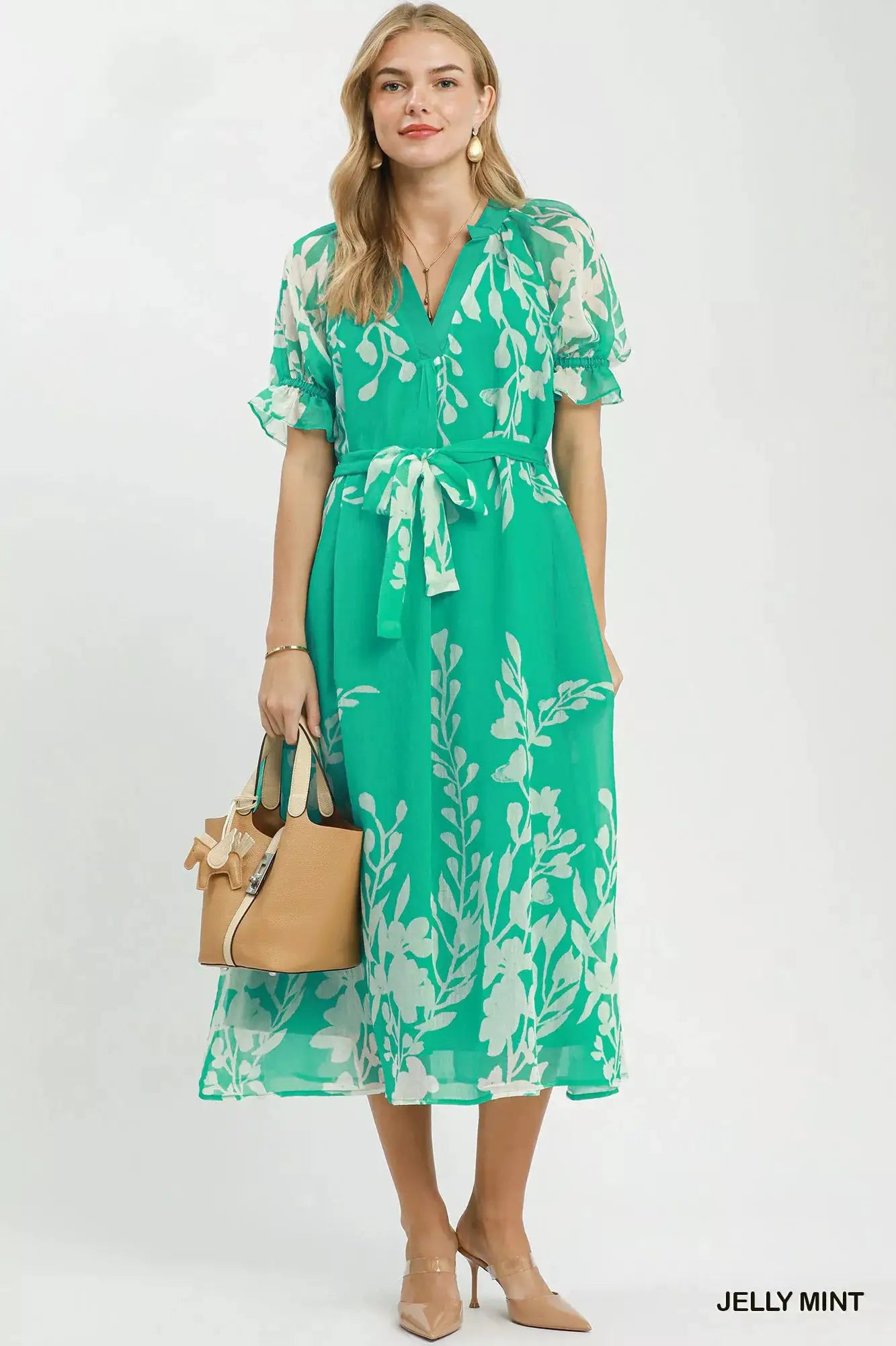 Umgee Floral Print Tie Waist Midi Dress with Side Pockets by Trendsi