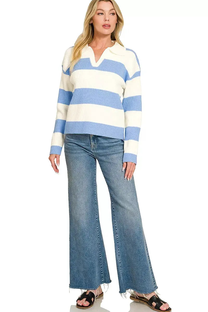 Zenana Striped Collared Sweater by Trendsi