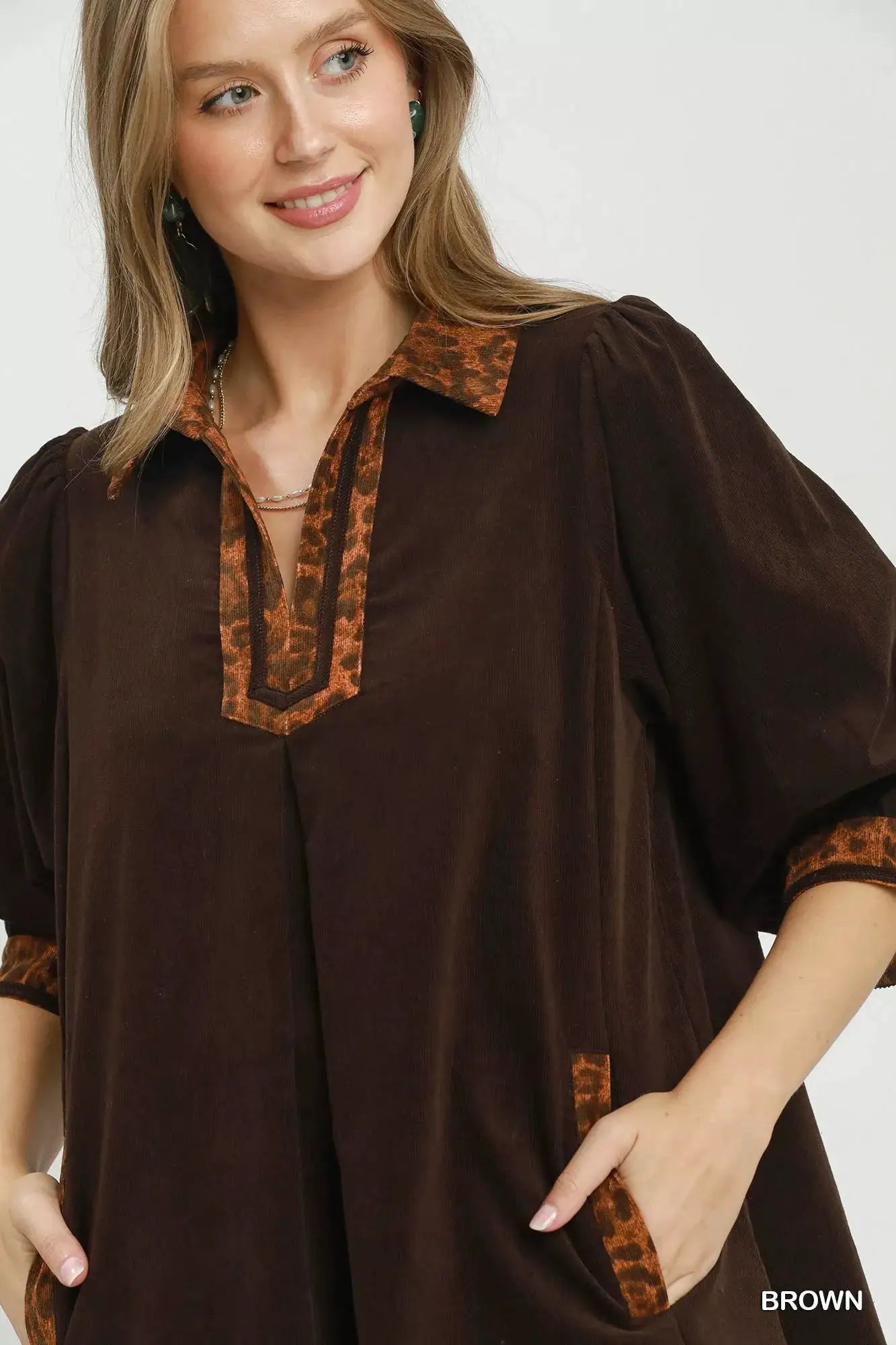 Umgee V-Neck Shift Dress with Contrast Trim by Trendsi