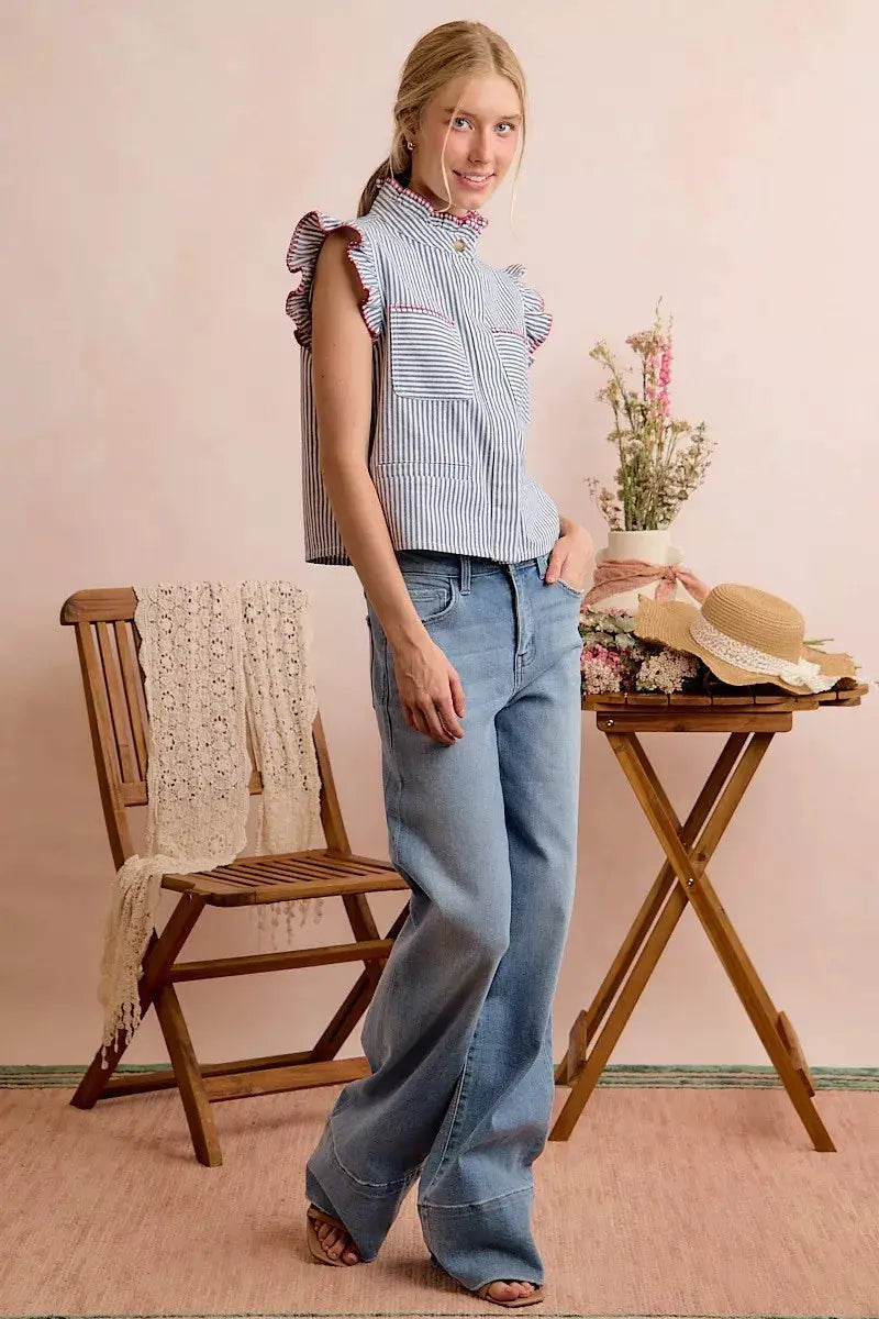 SO ME Stripe Twill Stitch Ruffled Hidden Button Vest Top by Trendsi