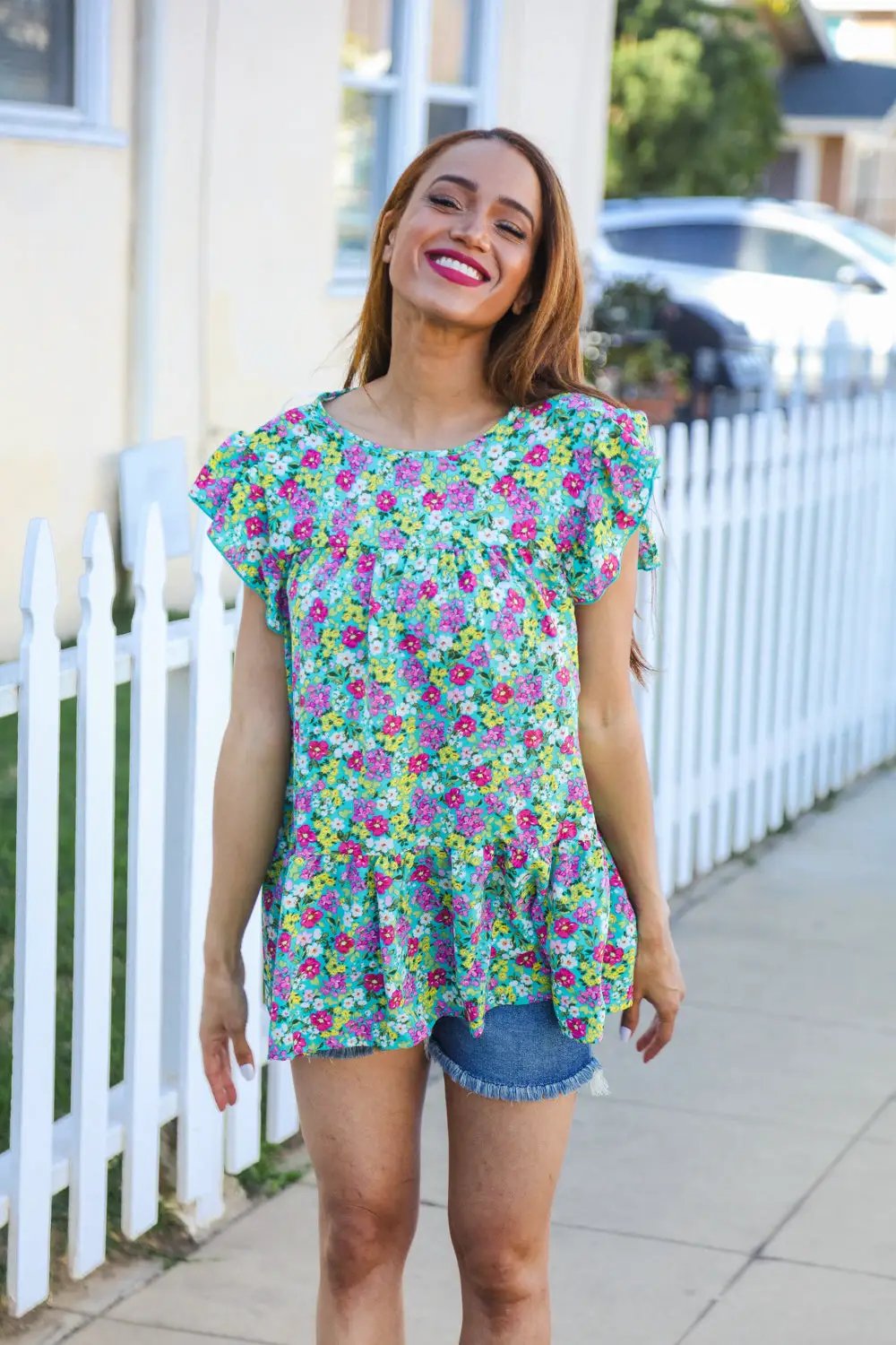 All For You Mint Floral Yoke Flutter Sleeve Keyhole Back Top by Haptics