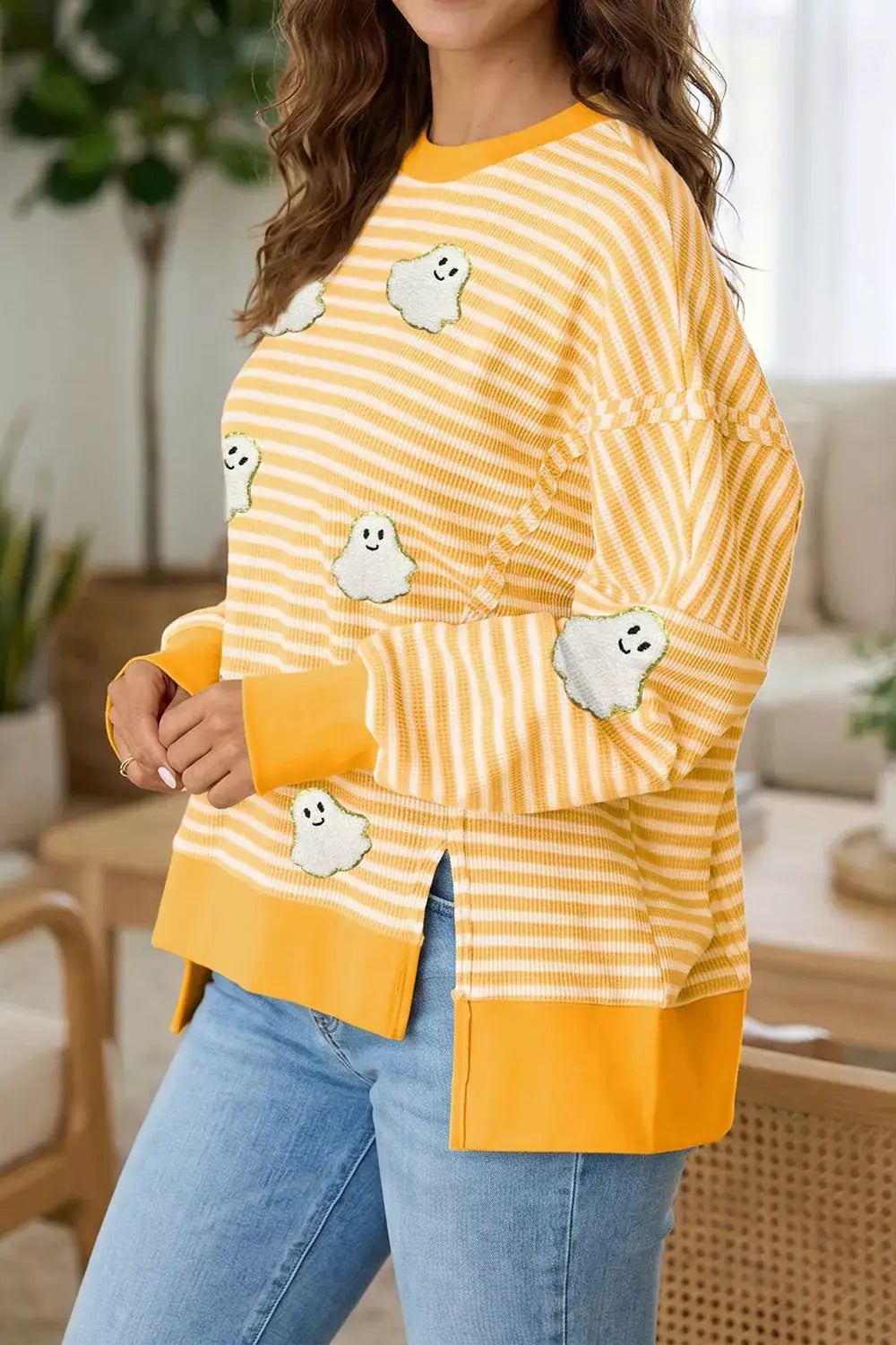 Stripe Halloween Ghost Patch Round Neck Long Sleeve Top by Trendsi