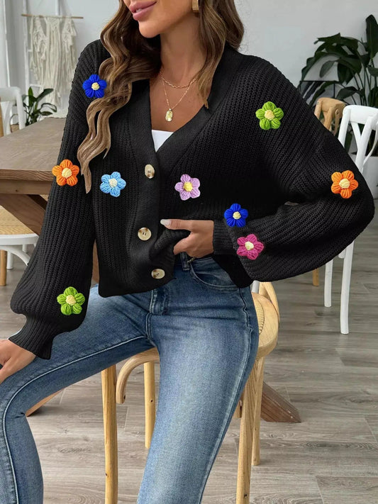 3D Floral Appliques Button Up Cardigan - Bitsy Gypsy Boutique