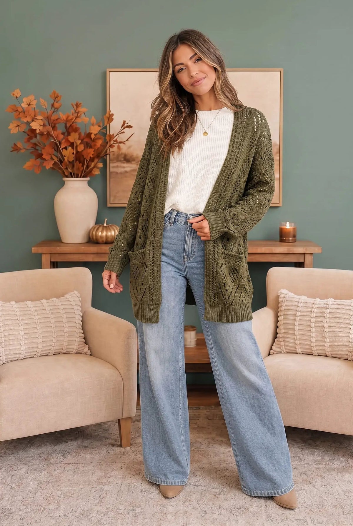 Cozy Days Open Knit Cardigan in Olive by Kye Mi