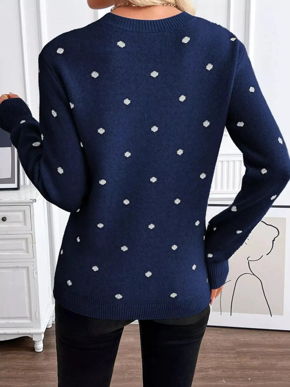 Polka Dot Crew Neck Sweater by Trendsi