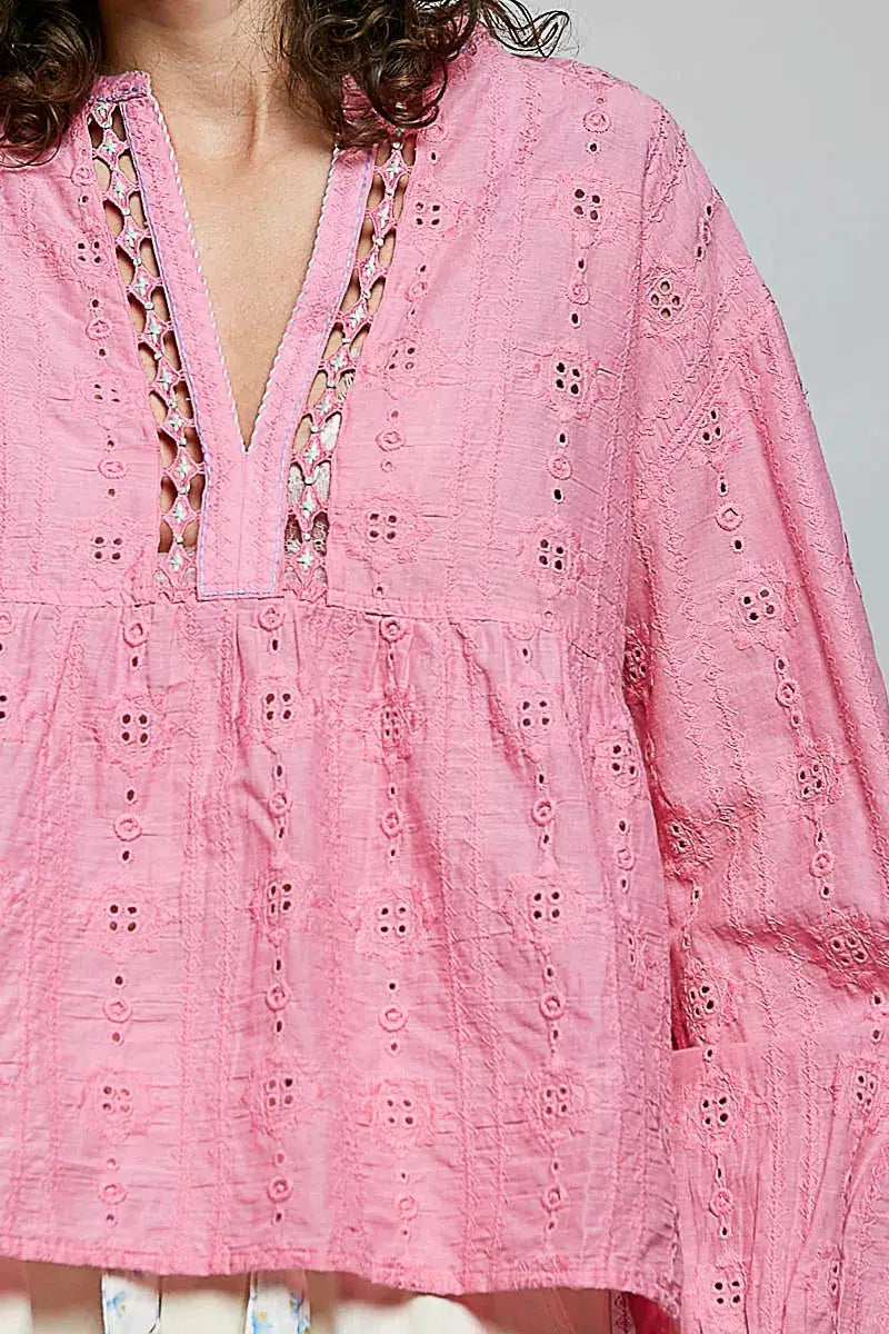 POL Eyelet Lace Split Neck Gathered Empire Waist Cotton Blouse by Trendsi