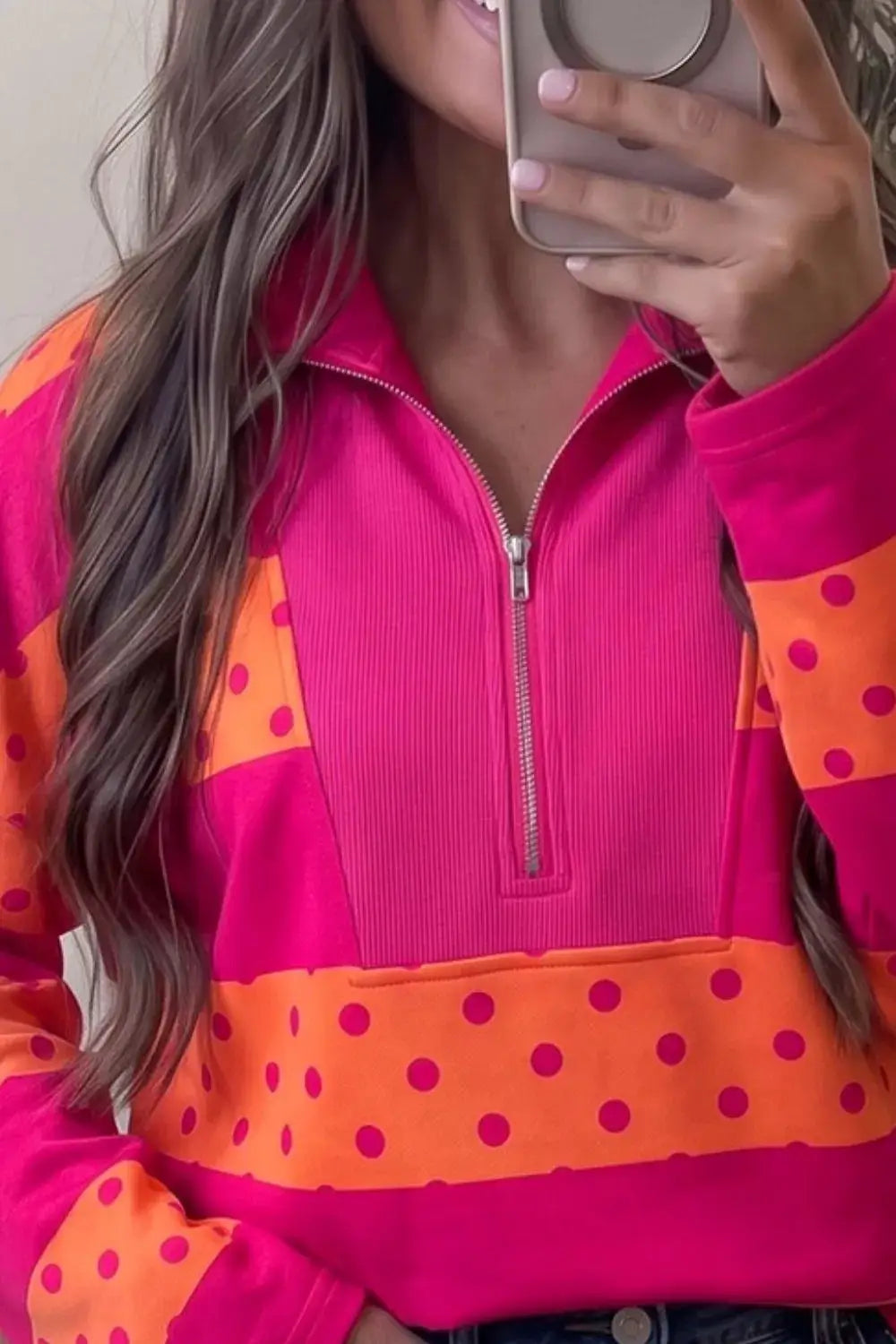 Polka Dot Quarter-Zip Sweatshirt by Trendsi
