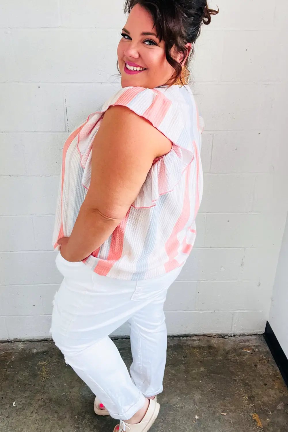 Coral & Light Blue Stripe Waffle Tie Neck Top by Sugarfox