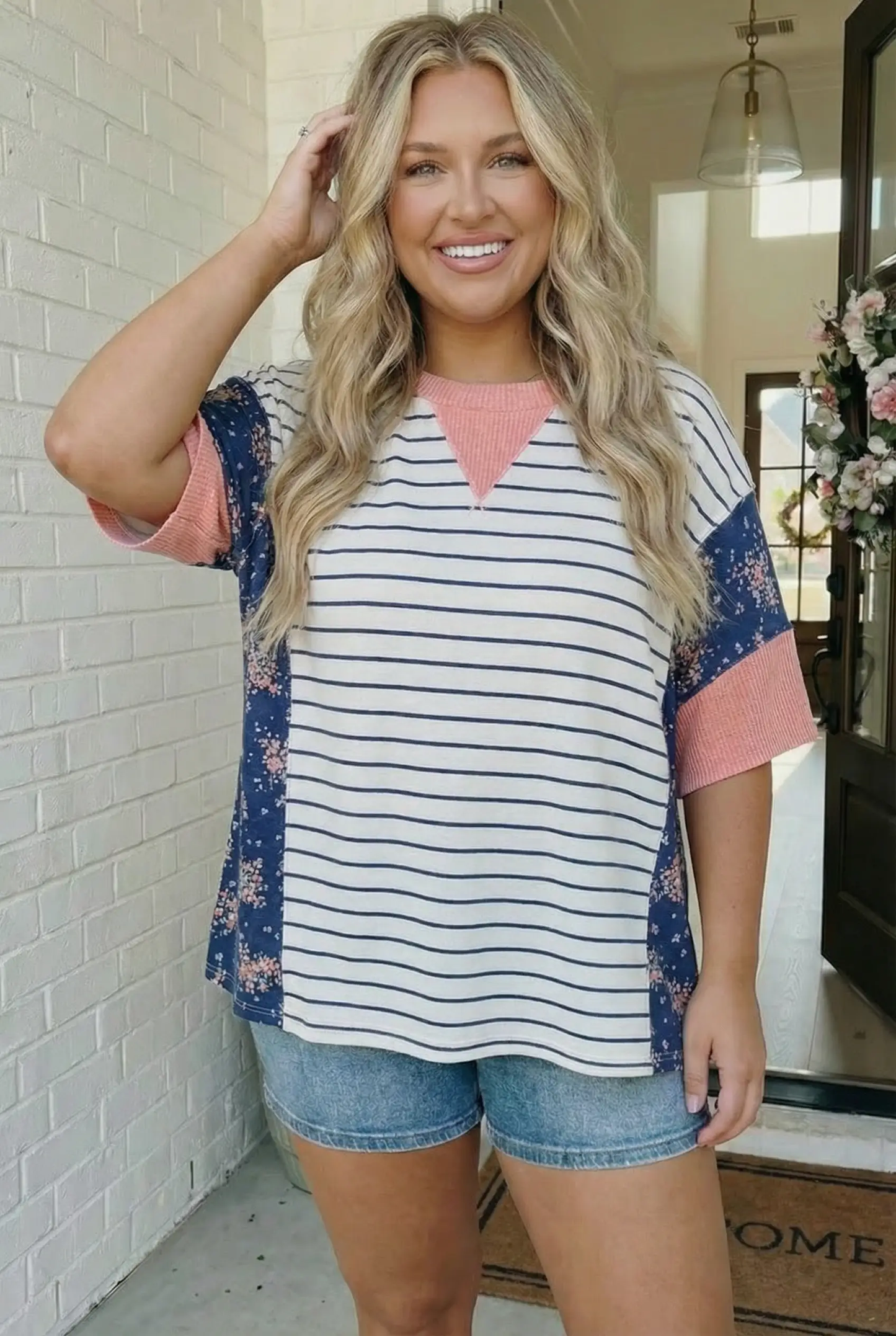 Stripe and Floral Mixed Media Oversized Top by Haptics