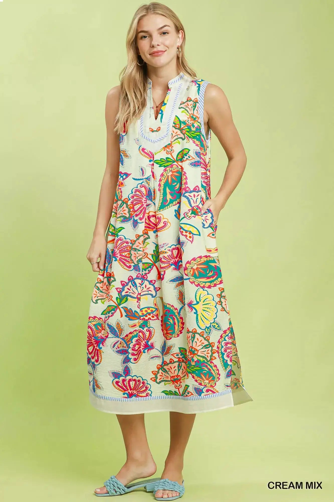 Umgee Paisley Floral Sleeveless Midi Dress by Trendsi
