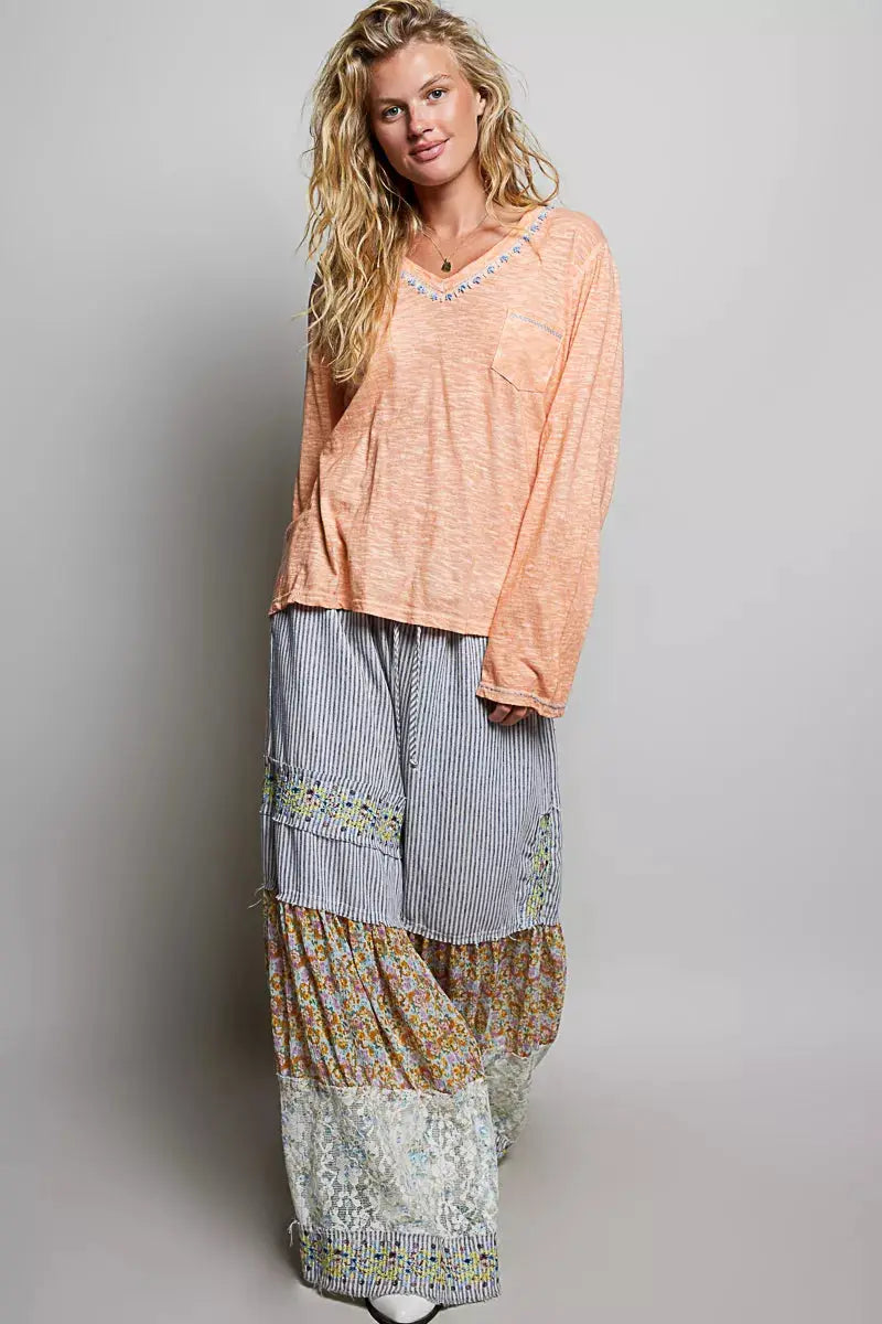 POL Contrast Stitch V-Neck Lightweight Knit Long Sleeve Top by Trendsi
