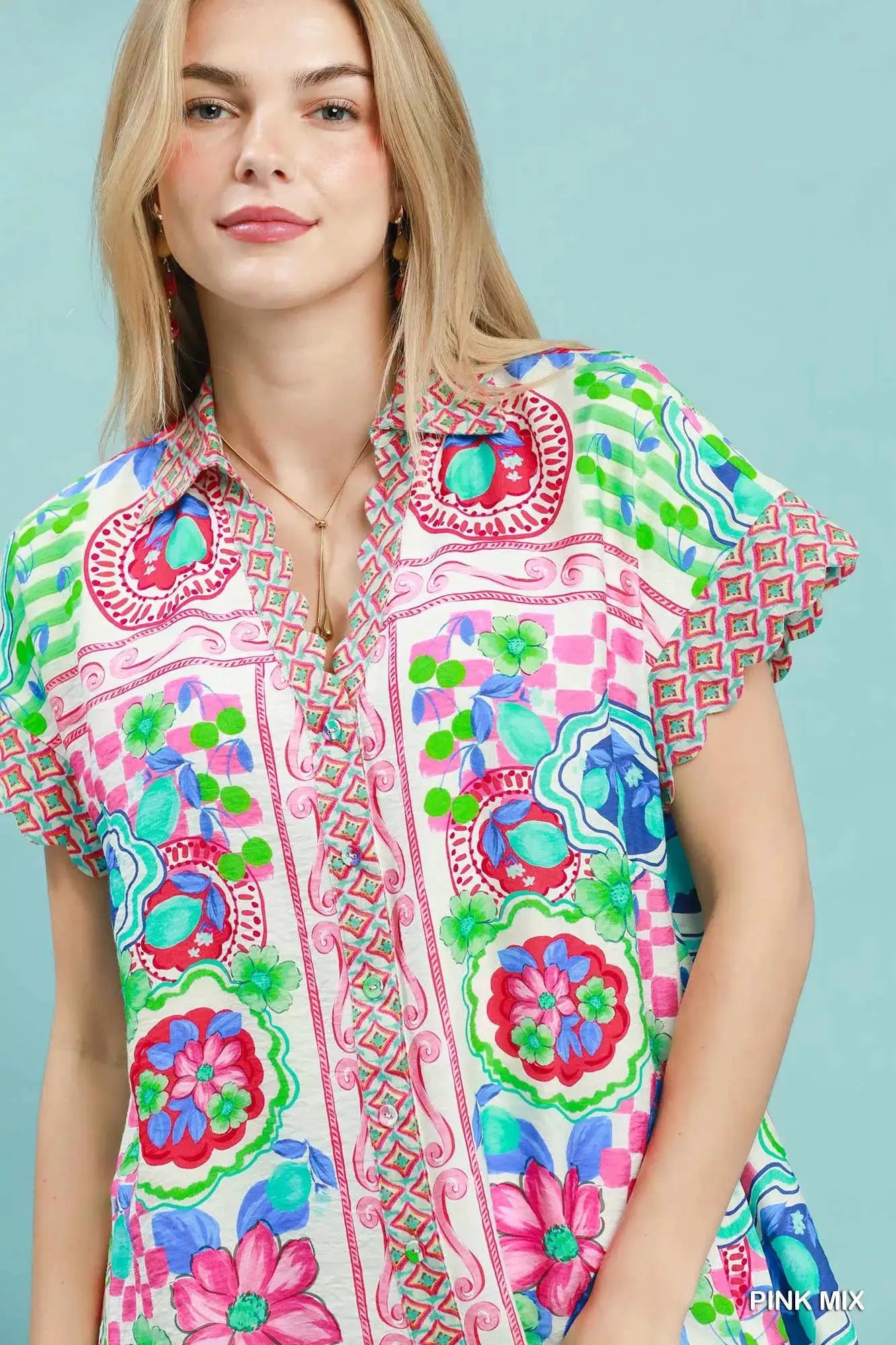 Umgee Mediterranean Print Dress with Contrast Printed Trim by Trendsi