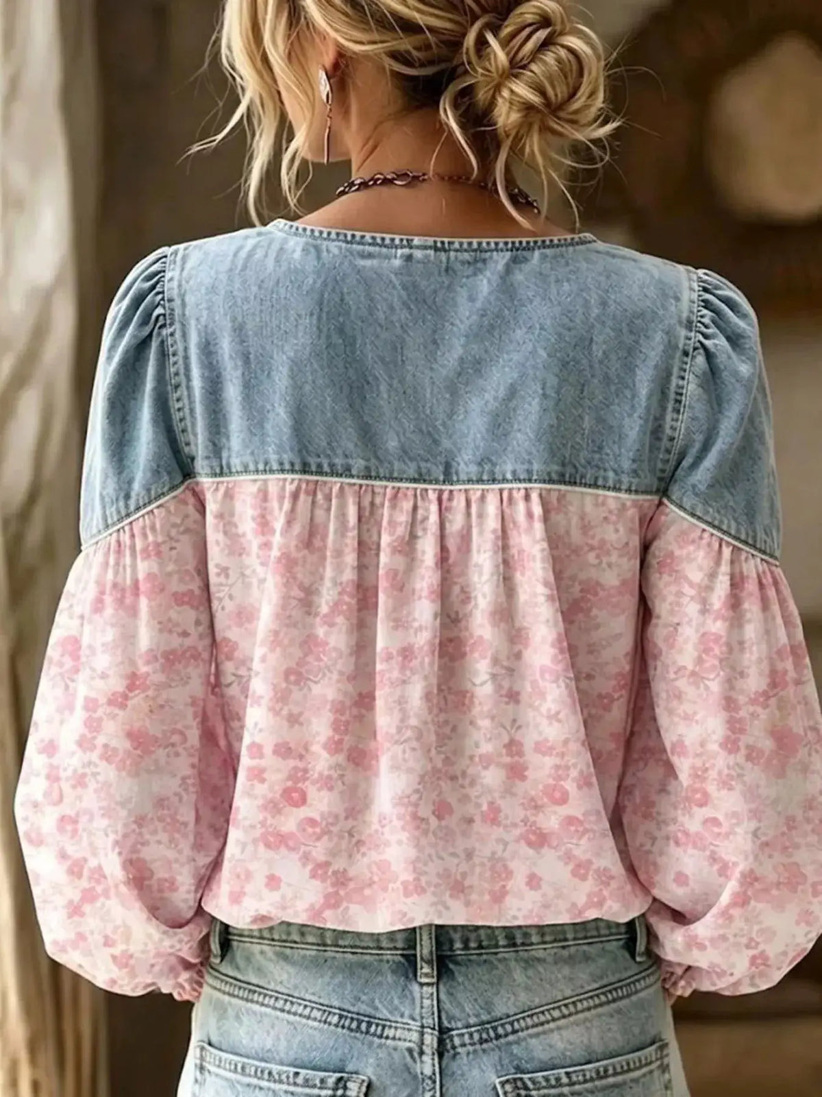 Full Size Denim Patchwork Floral Denim Top Plus Size by Trendsi