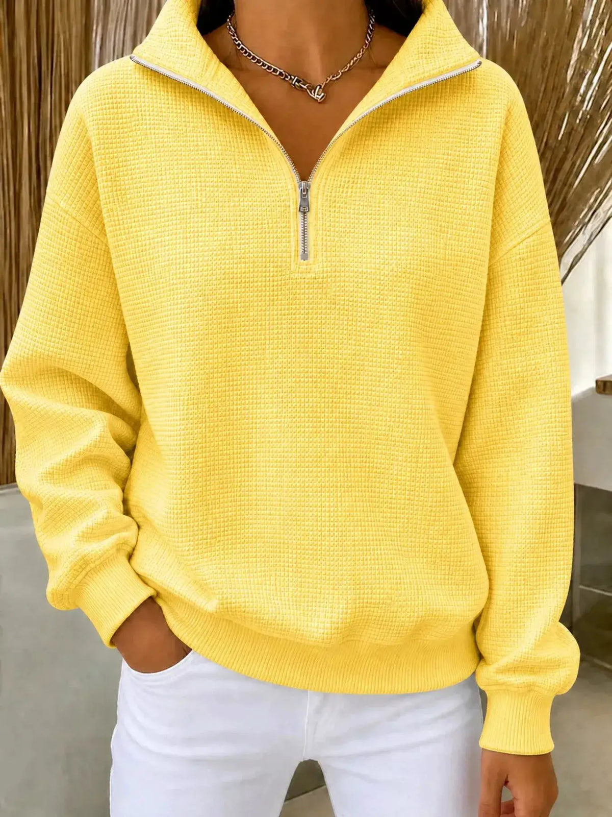 Full Size Waffle Knit Quarter-Zip Sweatshirt Plus Size by Trendsi