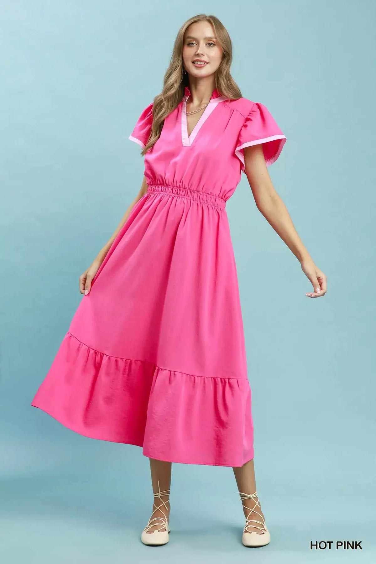 Umgee Contrast Trim Midi Dress with Tiered Ruffle Hem by Trendsi
