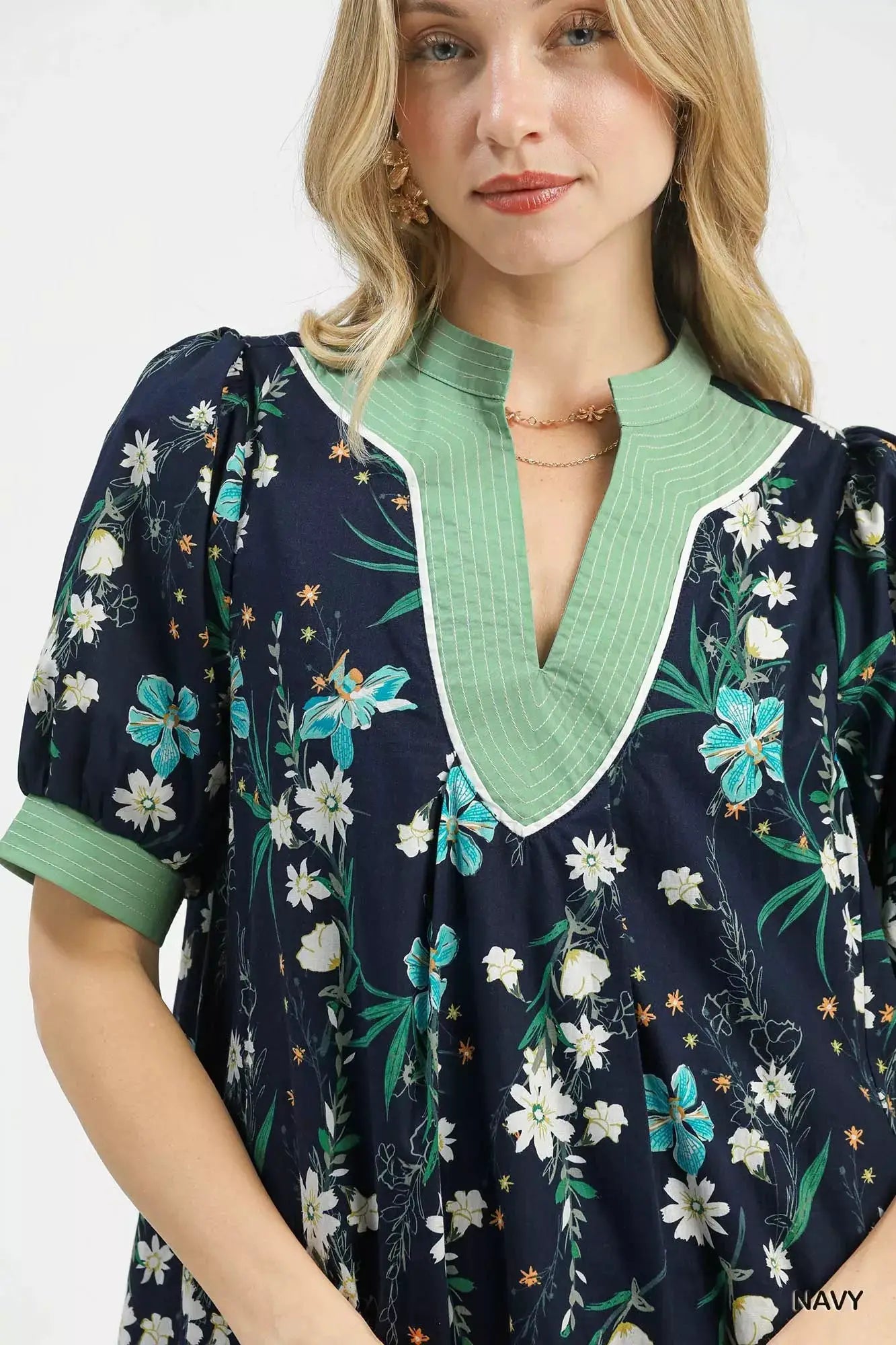 Umgee Floral Puff Sleeve Dress with Contrast Trim by Trendsi