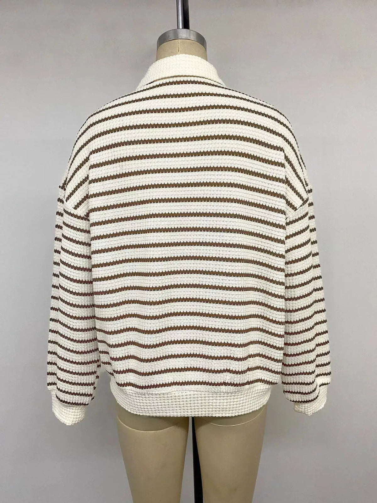 Striped Polo Collar Knit Sweatshirt by Trendsi