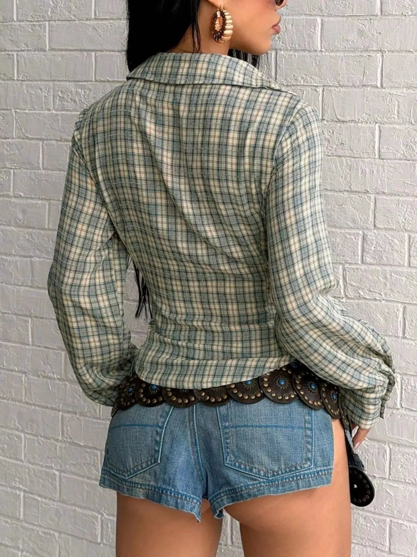 Plaid Deep V-Neck Long Sleeve Slim Fit Blouse by Trendsi