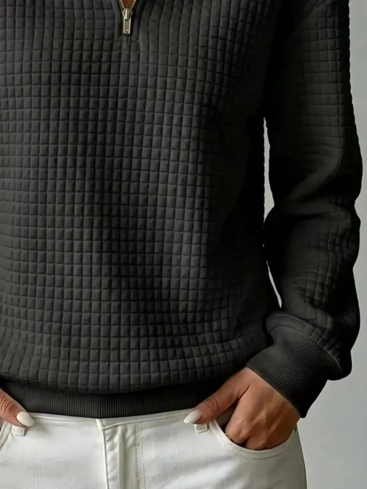 Waffle Knit Quarter-Zip Sweatshirt by Trendsi