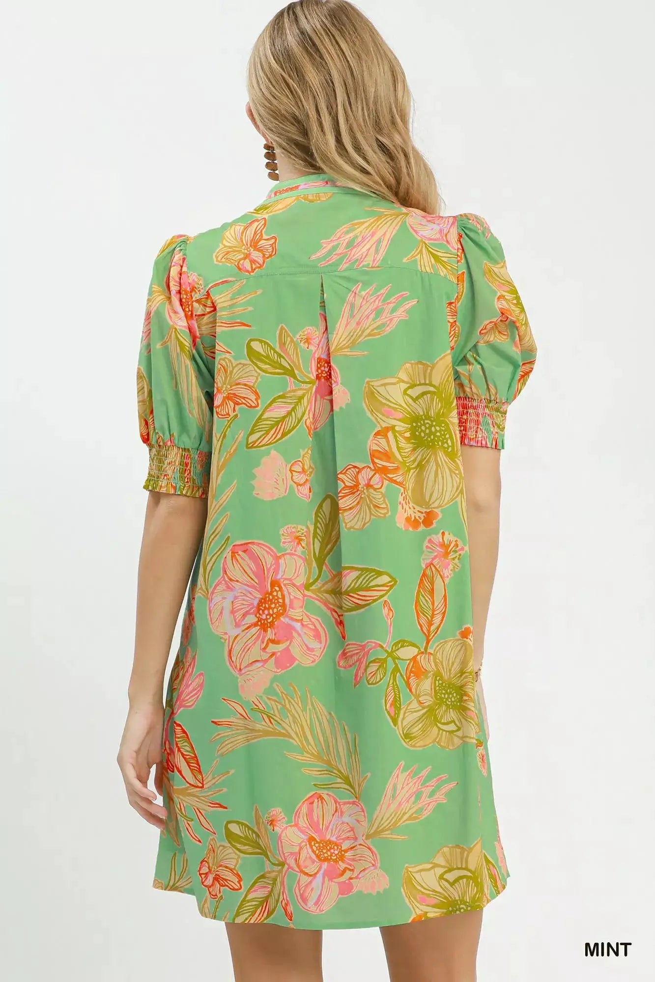 Umgee Botanical Print Dress with Smocked Cuffs by Trendsi