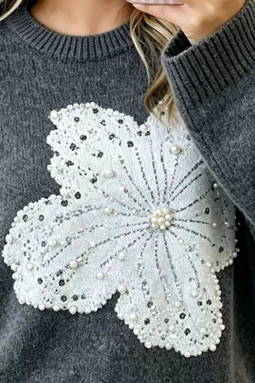 Pearl Embellished Floral Dropped Shoulder Sweater by Trendsi